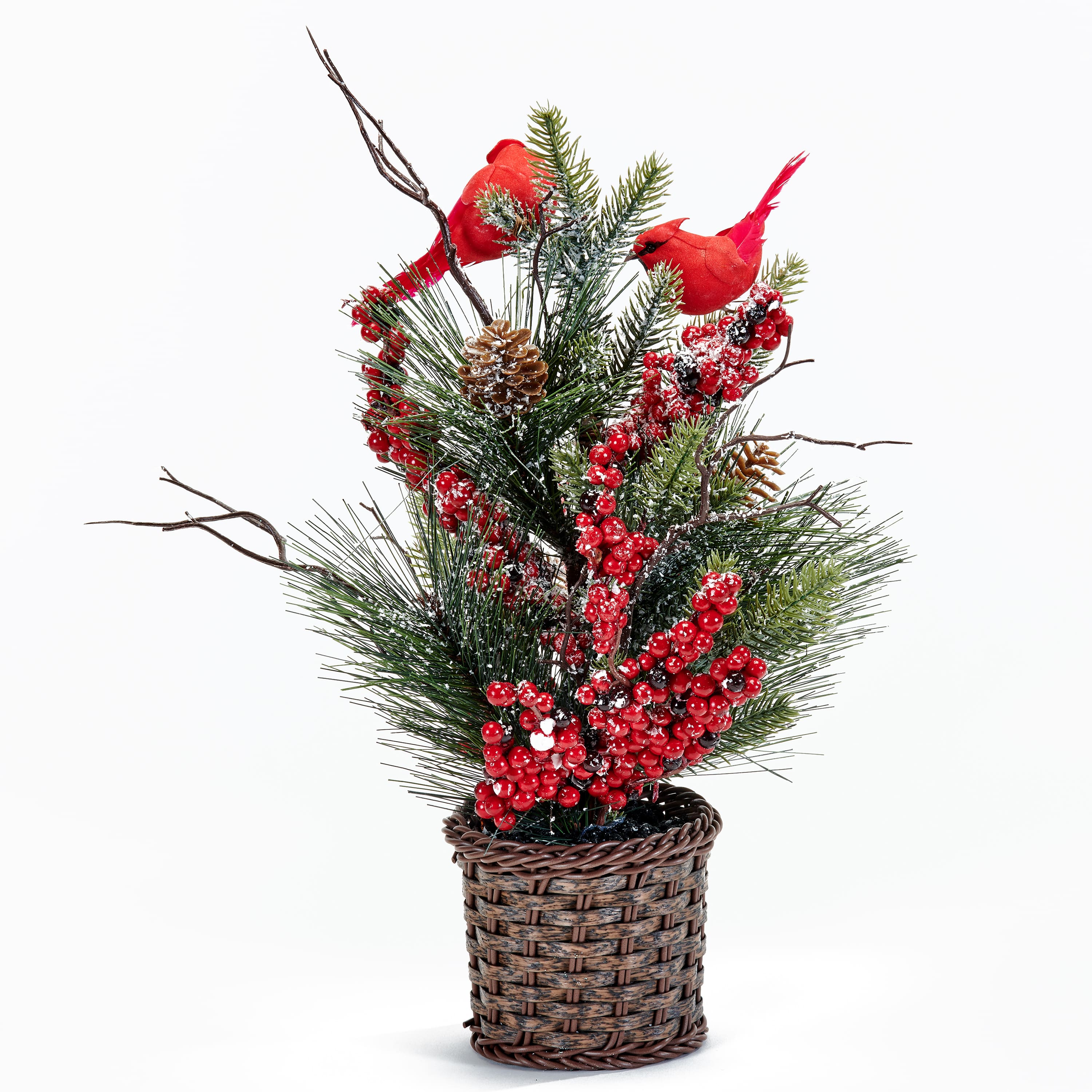 16" Christmas Basket with Artificial Red Berries, Pine, Cardinals & Cones