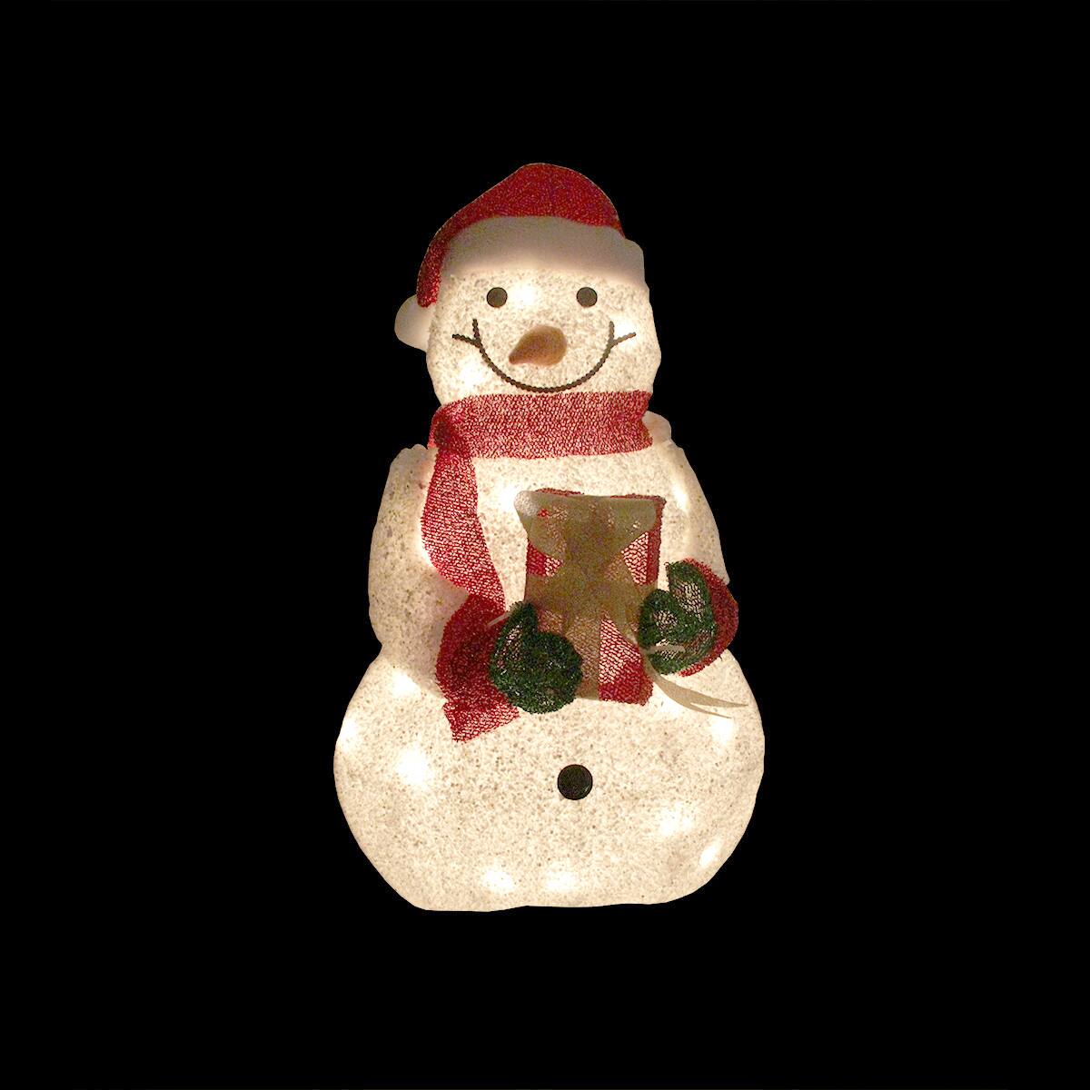 23" Lighted White Plush Glittered Snowman with Tinsel Gift Yard Art