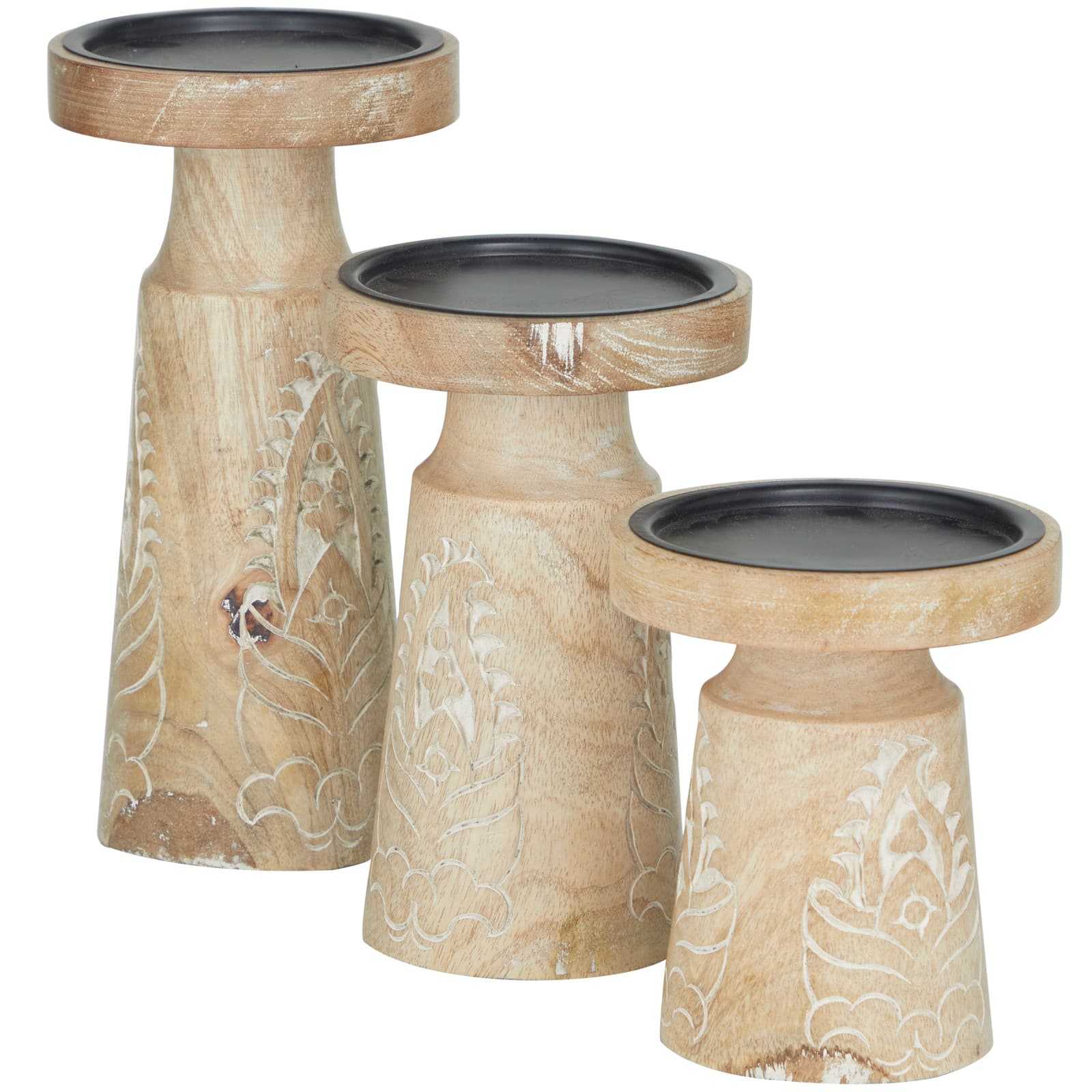Mango Wood Round Carved Pillar Floral Candle Holder Set
