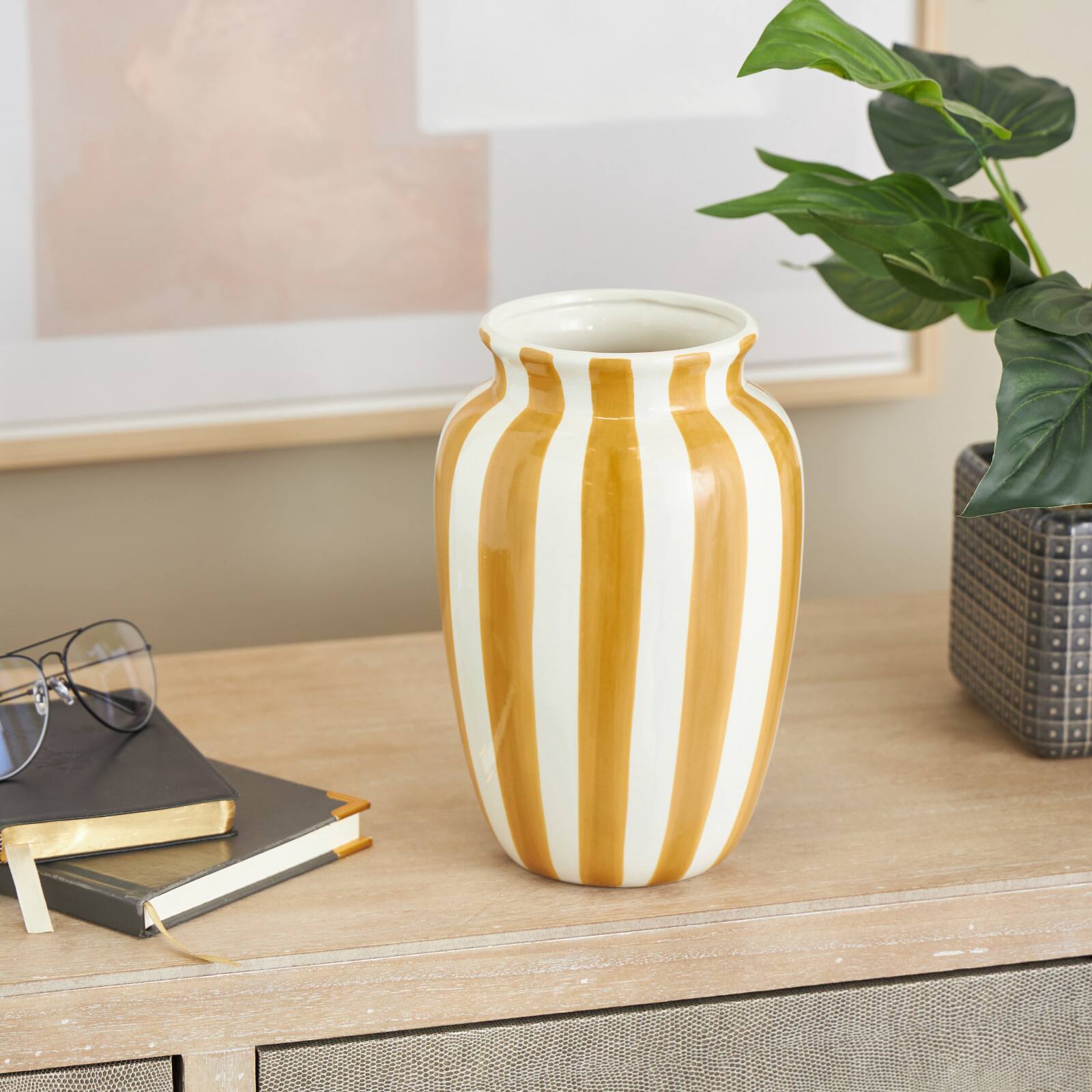 9.5" White & Yellow Stripes Round Wide Ceramic Vase