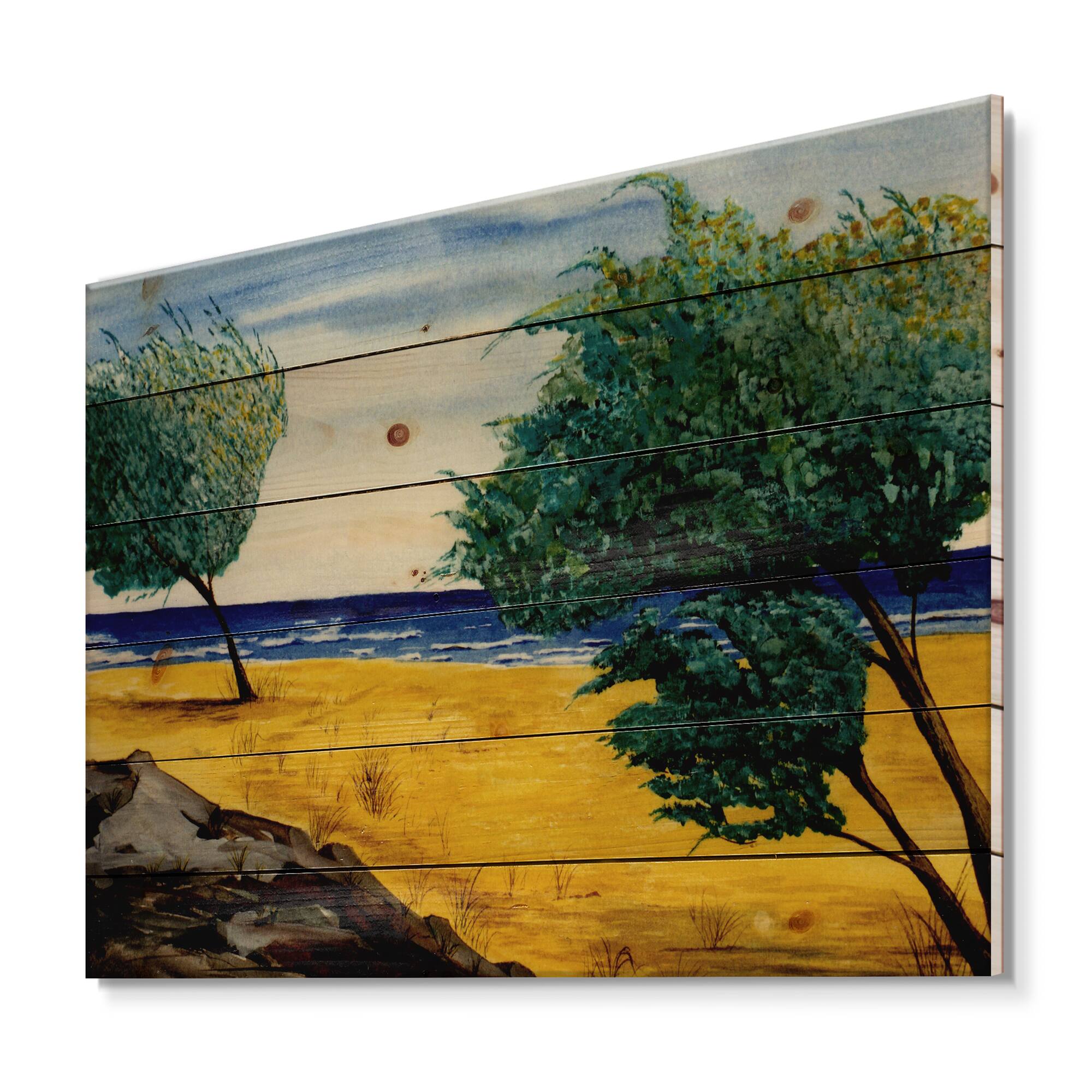 Designart - Orange Beach By The Coastline - Nautical & Coastal Print on Natural Pine Wood