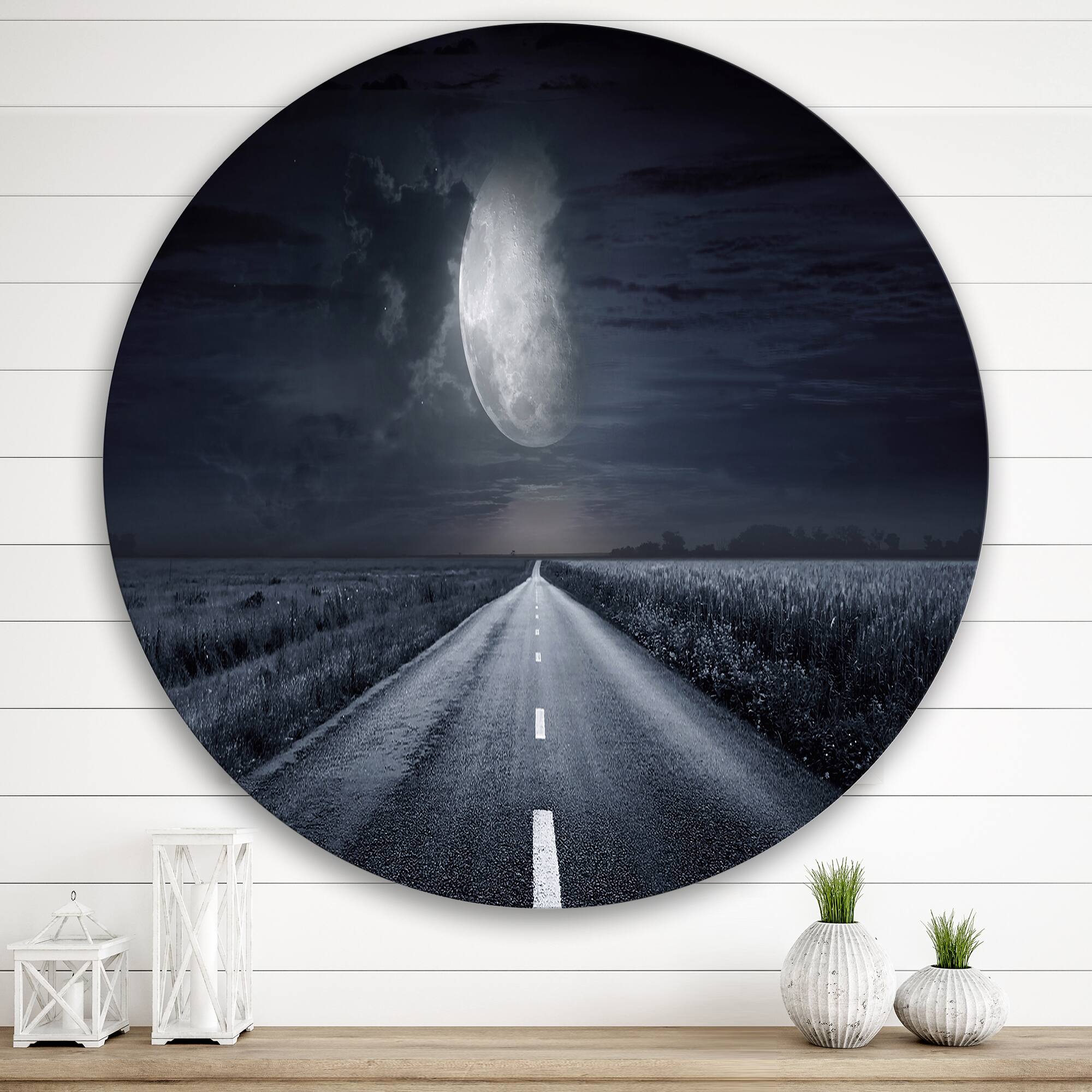 Designart - Asphalt Road Under Cloudy Full Moon III