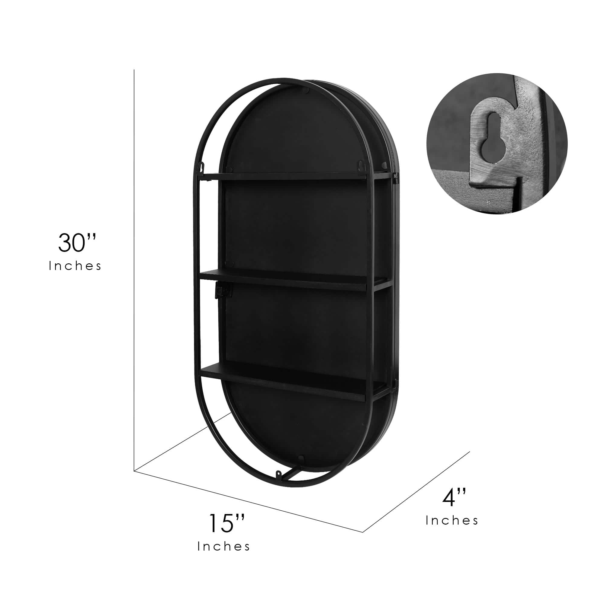 Black Metal Framed Oval Vanity Wall Mirror with Shelves - 15" x 30"