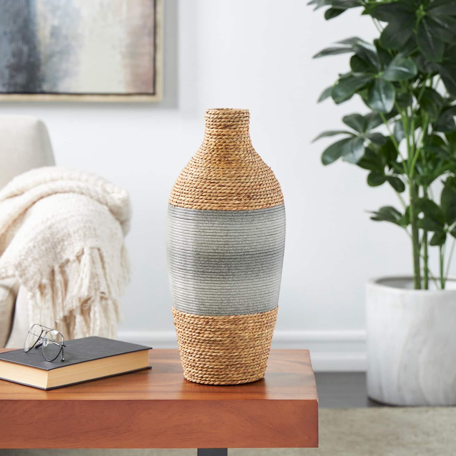 19" Brown Seagrass Handmade Wrapped Vase with Layered Gray Paneling