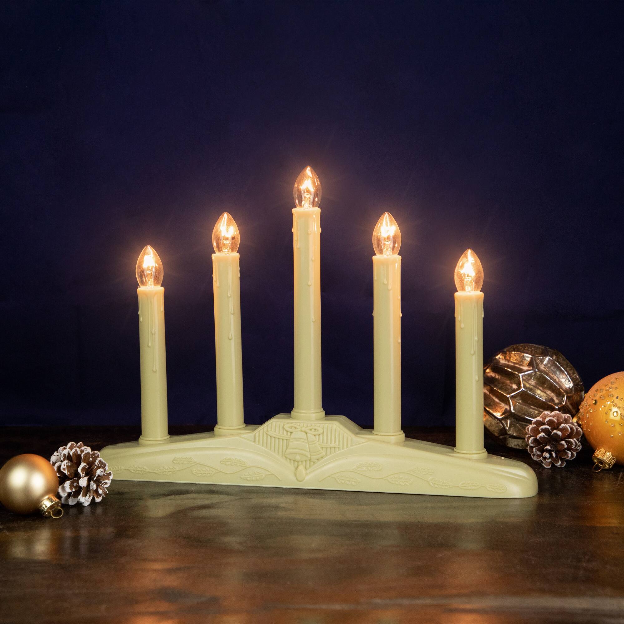 14.5" Ivory 5-Lights Christmas Chandelier on Holly Berry & Bell Base Candle Lamp