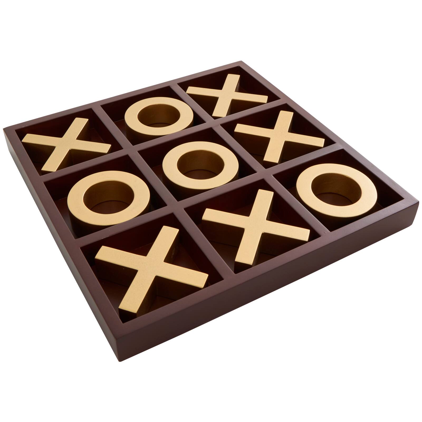 14" x 14" Brown Wooden Tic Tac Toe Game Set with Gold X & O Pieces