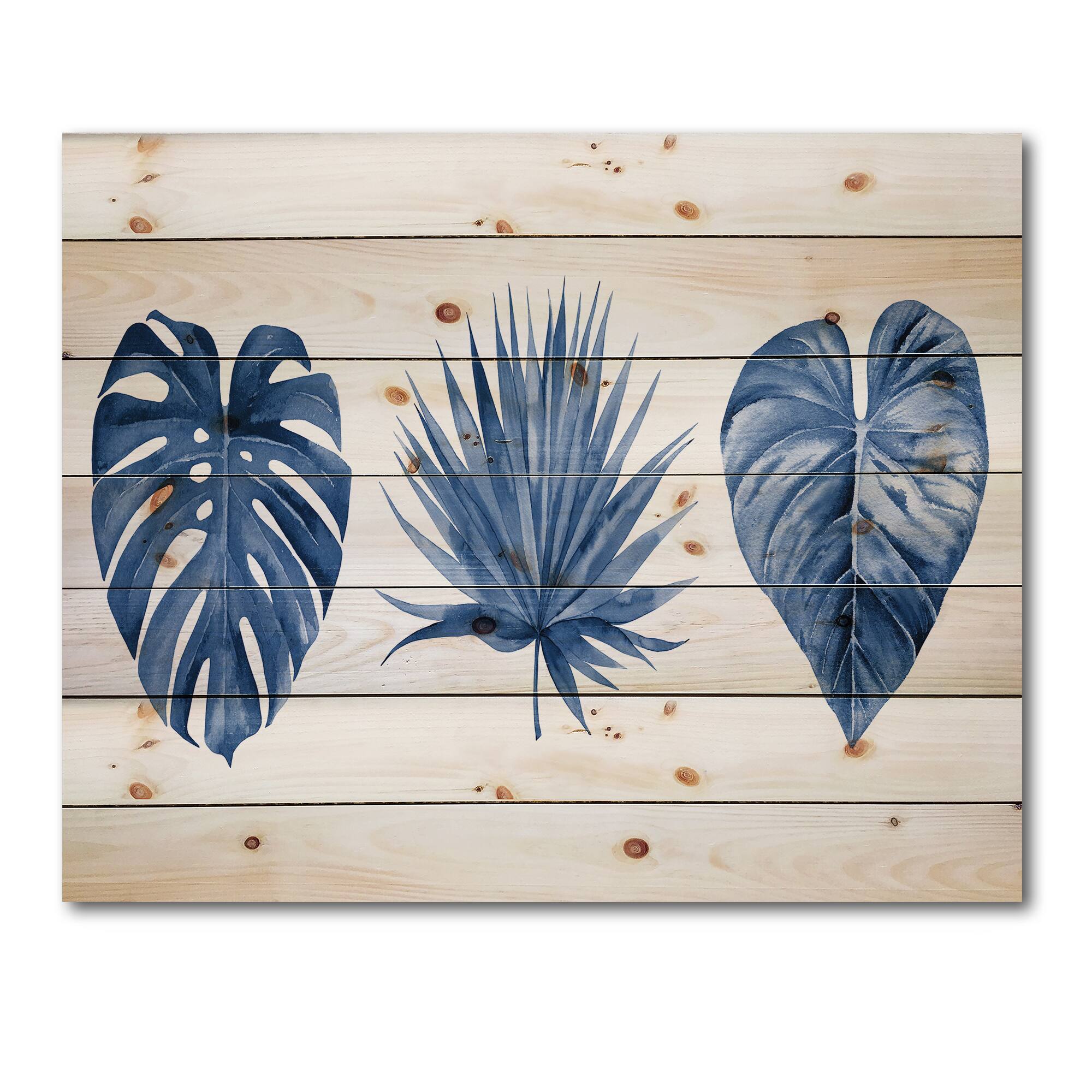 Designart - Classic Blue Tropical Leaves - Tropical Print on Natural Pine Wood