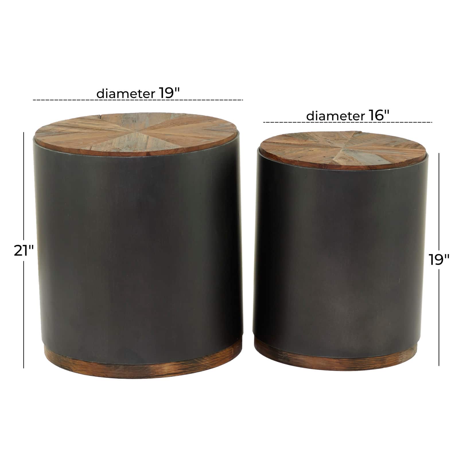 Black Metal Accent Table with Brown Wood Top Set of 2 21", 19"