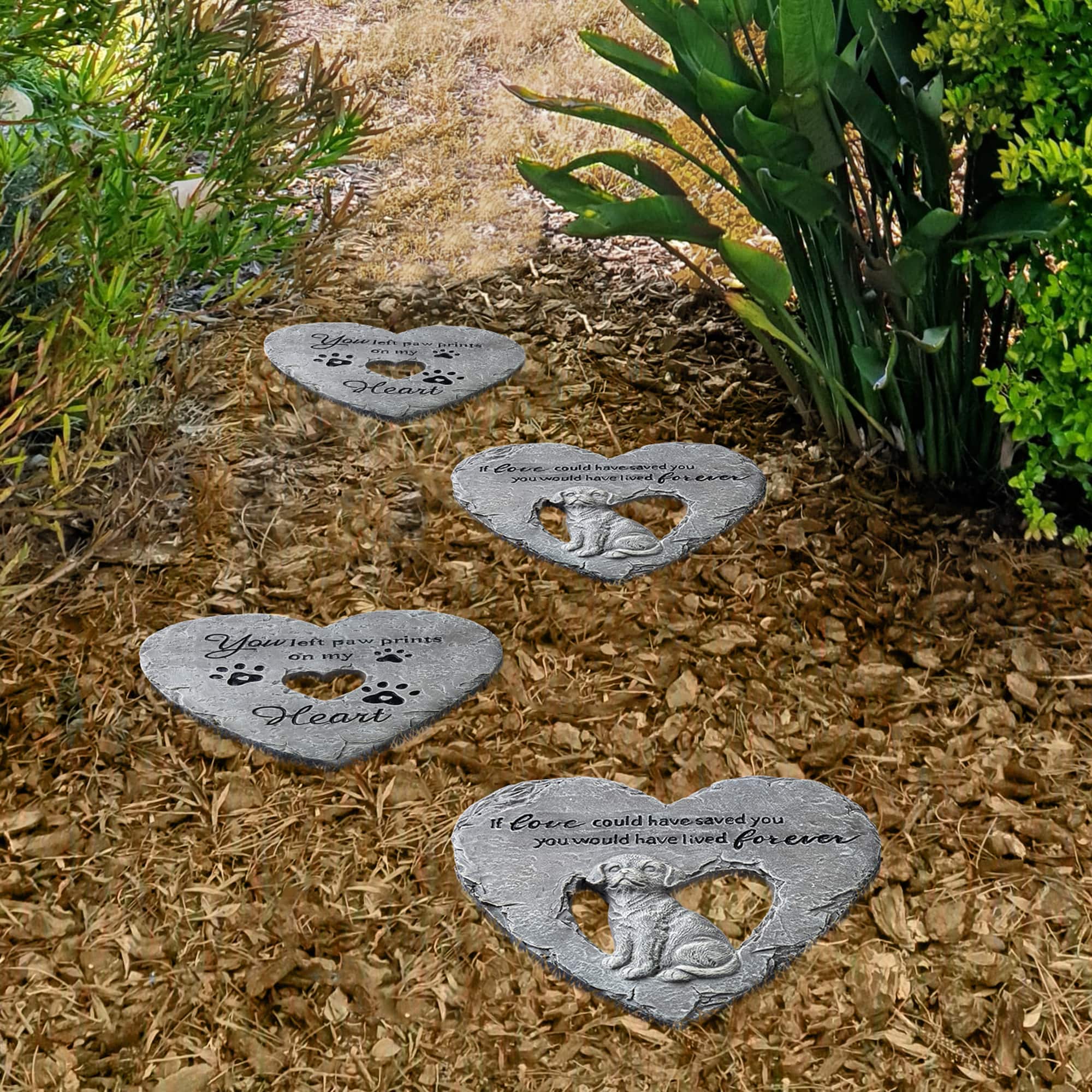 Glitzhome® 10" Set of 2 Cement Heart-Shaped Paw Prints and Dog Memory Stepping Stones