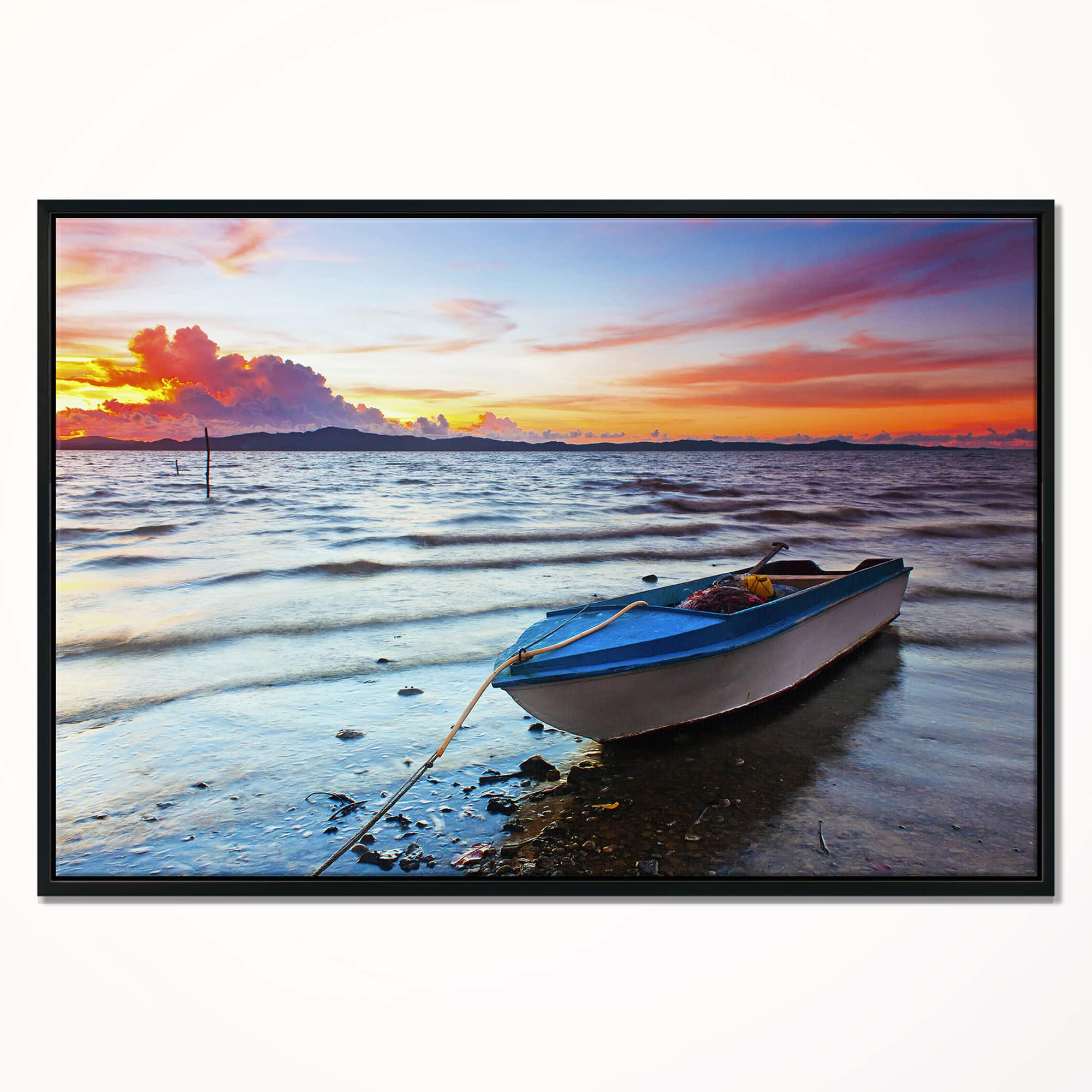 Designart - Boat at the Sunset - Landscape Photography Canvas Print in Black Frame