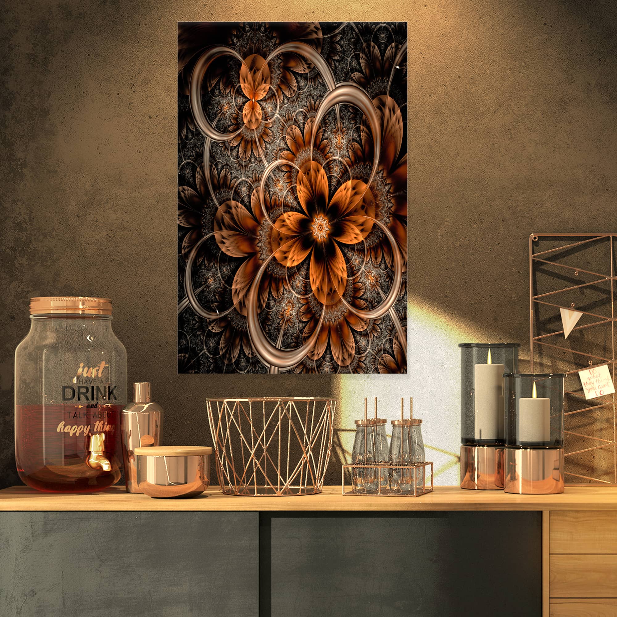 Designart - Dark Orange Digital Art Fractal Flower