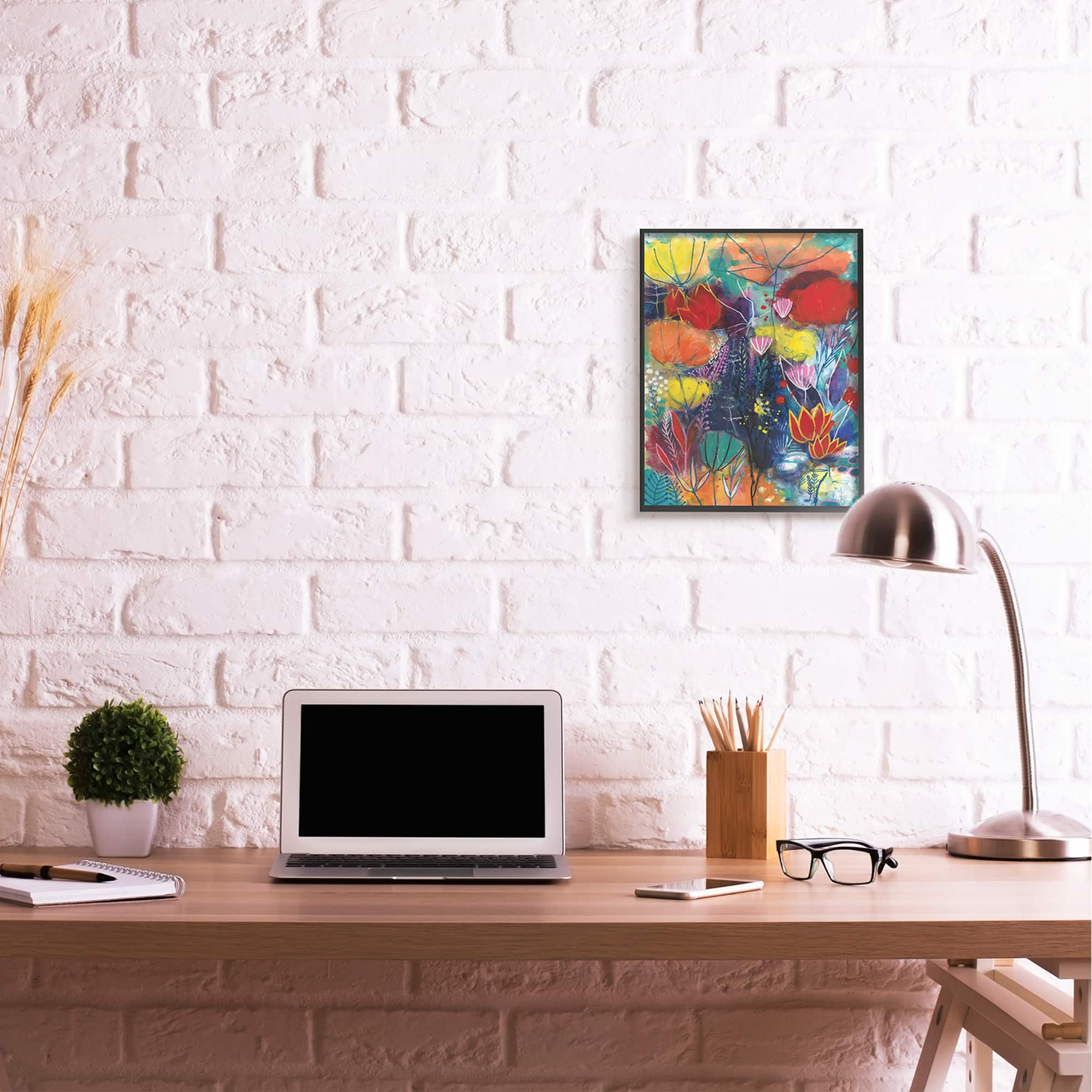 Stupell Industries Abstract Flower Field Orange Blue Yellow in Black Frame Wall Art