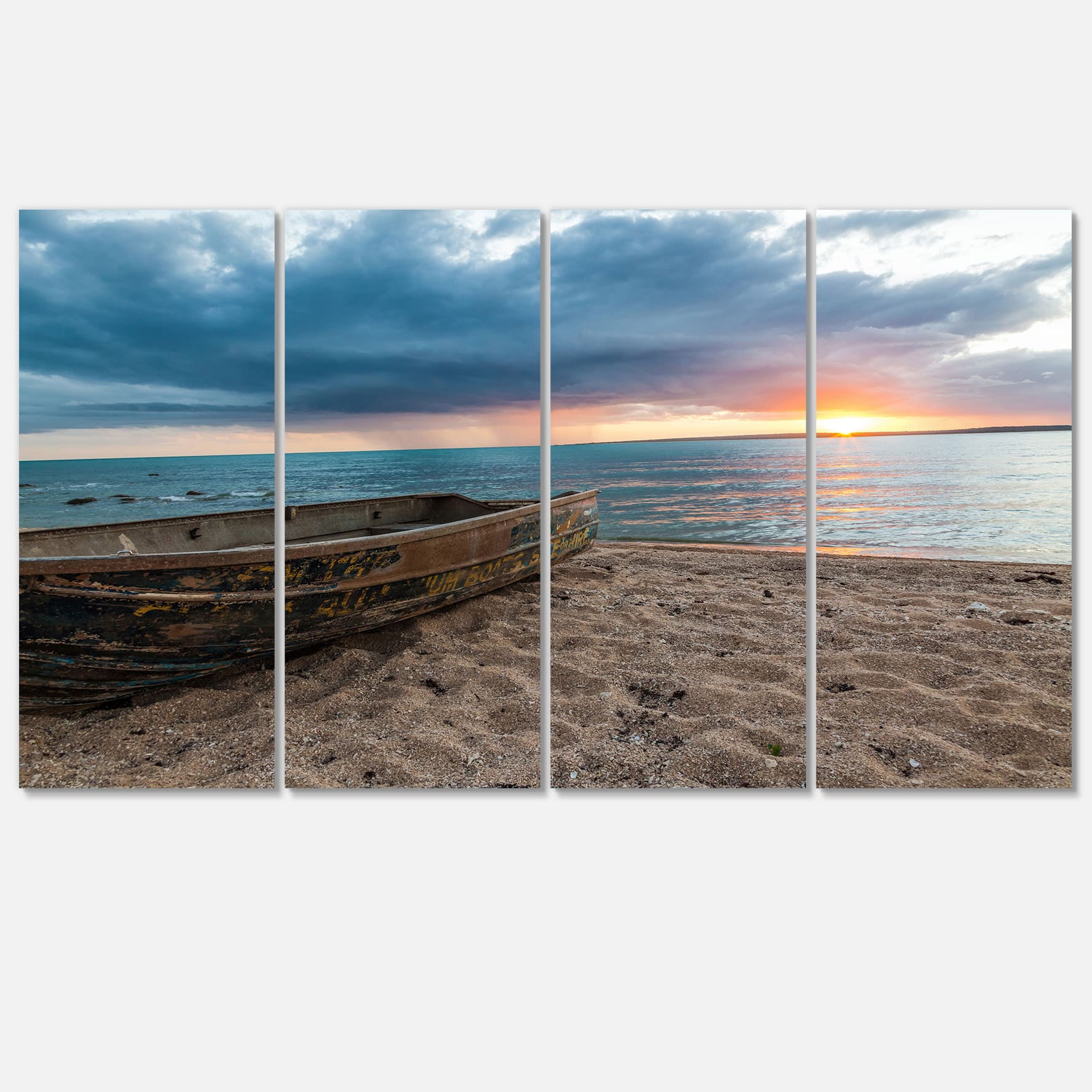 Designart - Rusty Row Boat on Sand at Sunset