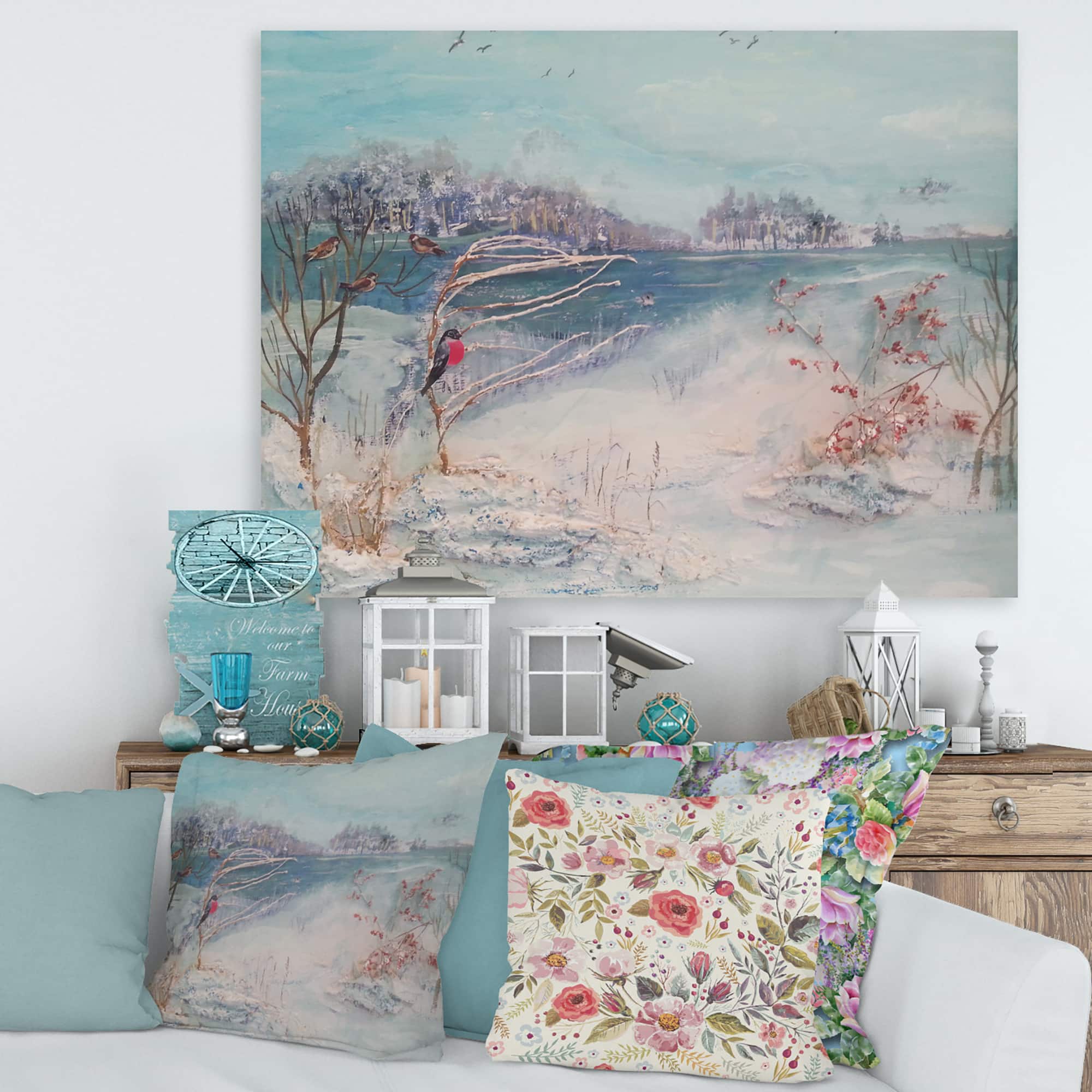 Designart - Winter Trees River and Birds - Lake House Canvas Wall Art Print