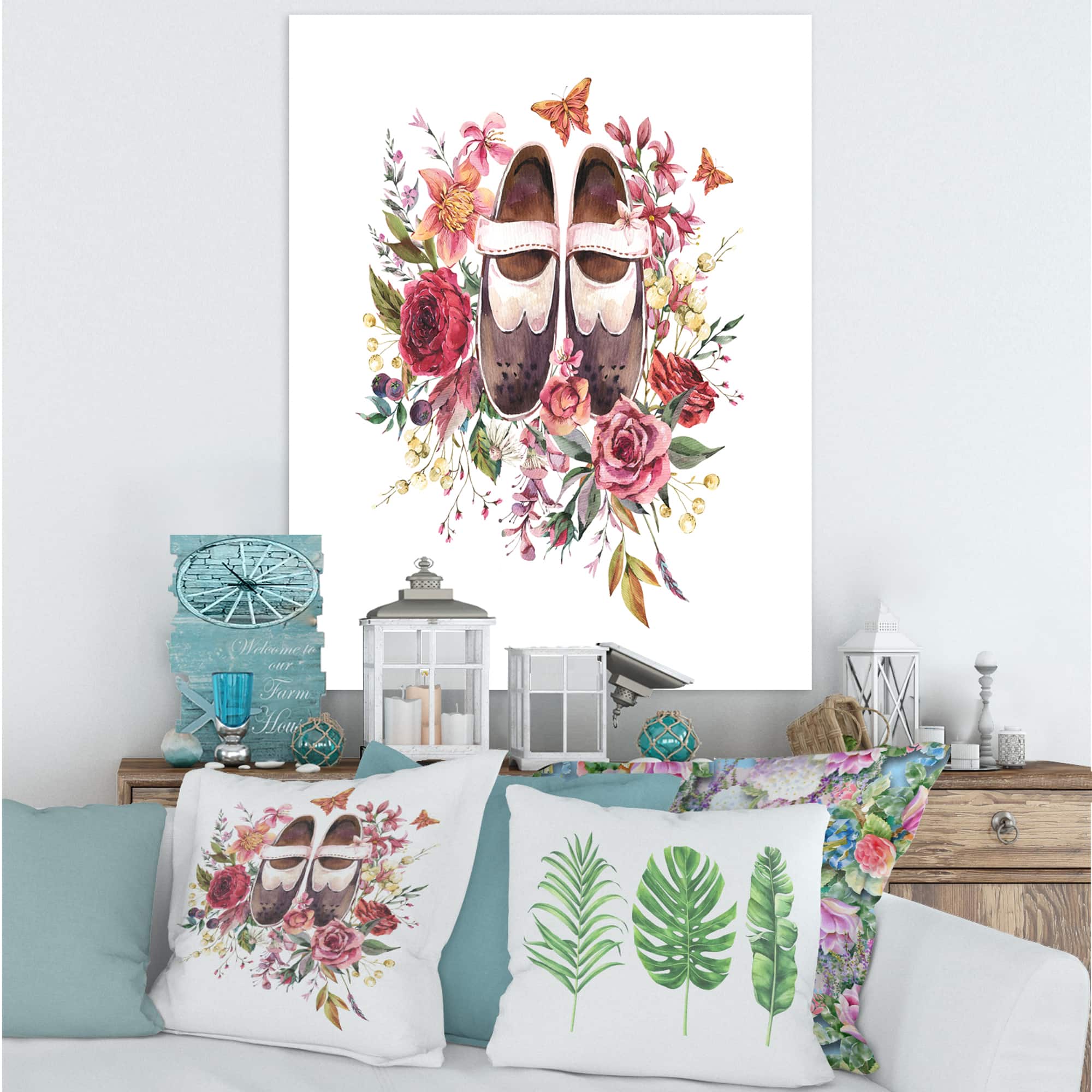 Designart - Vintage Oxford Shoes With Wildflowers - Farmhouse Canvas Wall Art Print