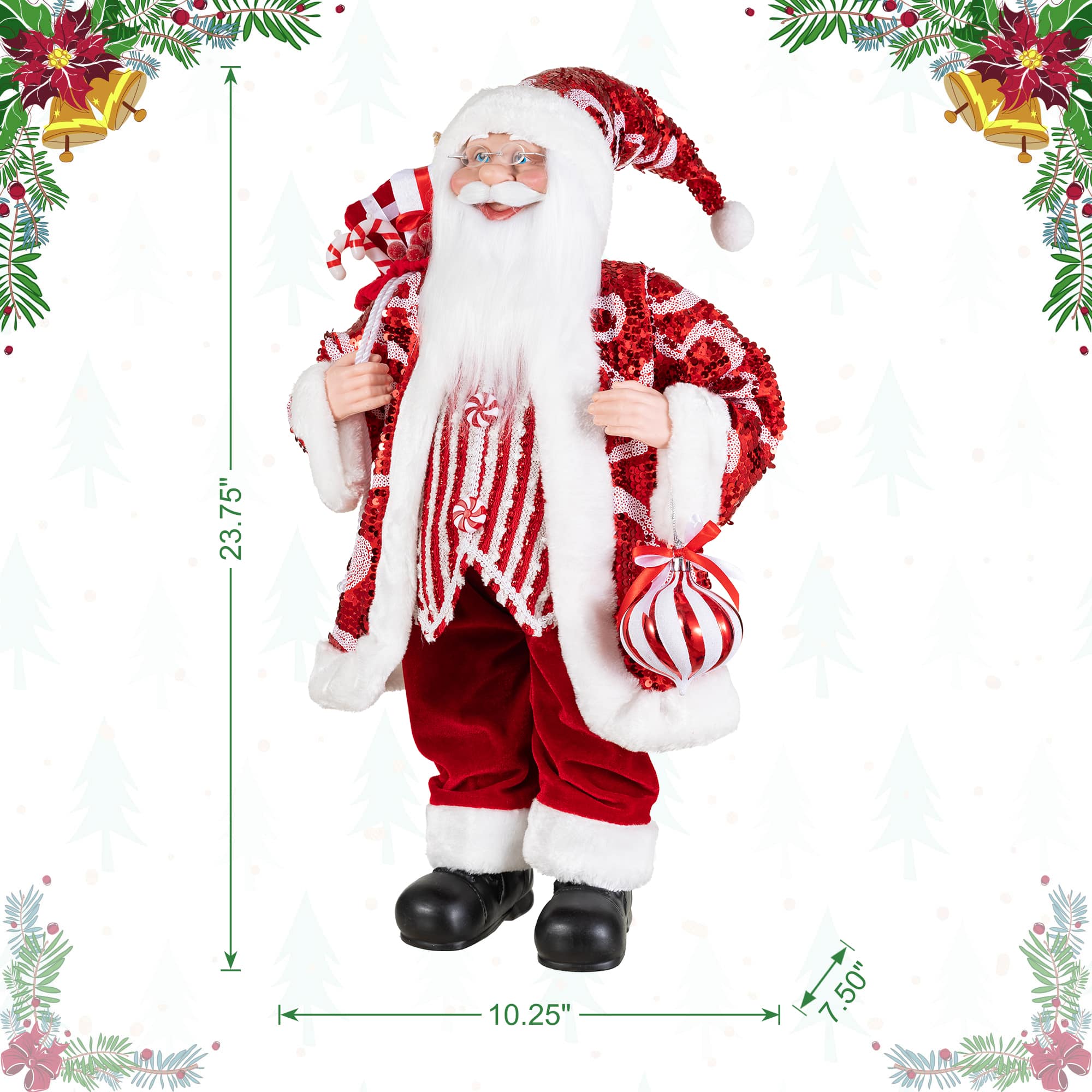 Glitzhome® 24" Faux Fur Peppermint Christmas Santa Figurine