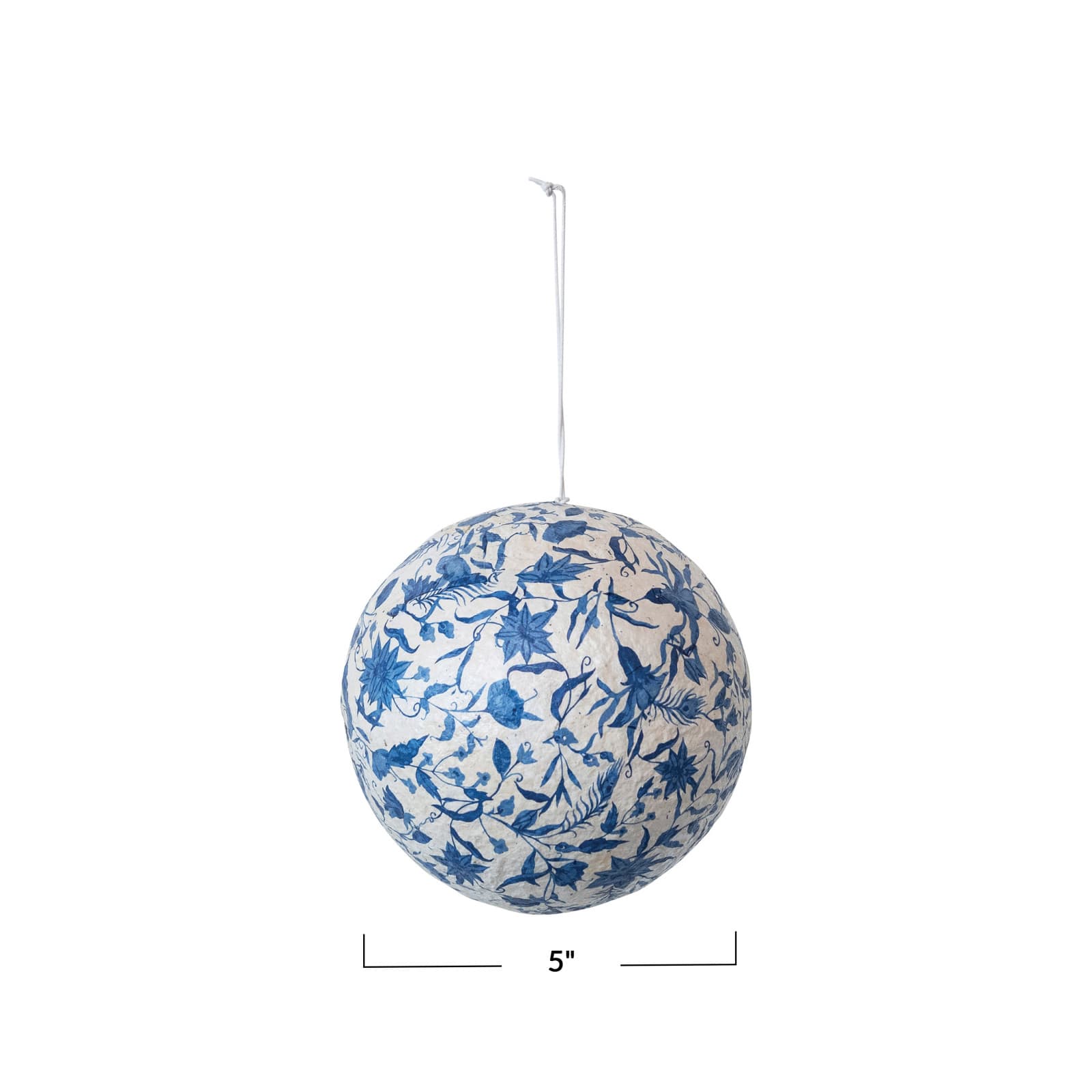 Hello Honey® 5" Blue & Cream Printed Paper Mache Ball Ornament with Flowers & Peacock Feather Design
