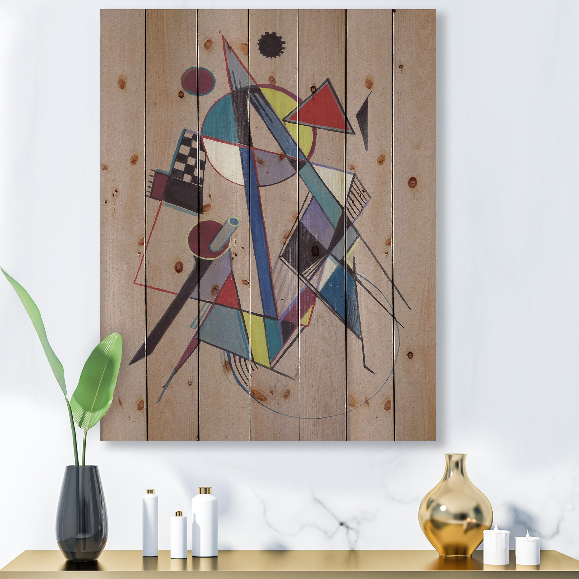 Designart - Colored Geometric Abstract Compositions III - Modern Print on Natural Pine Wood