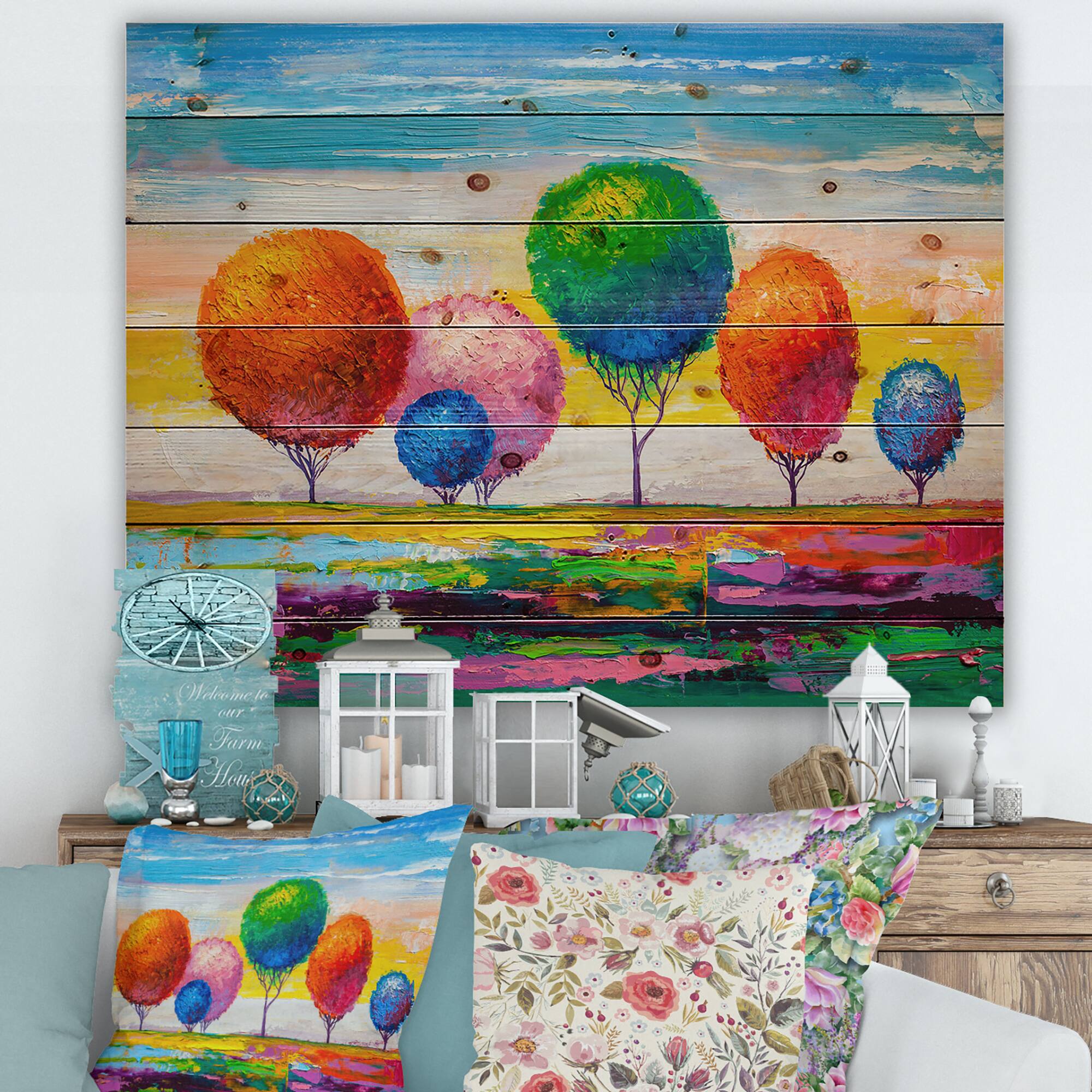 Designart - Colourful Ornamental Trees VI - Modern Print on Natural Pine Wood