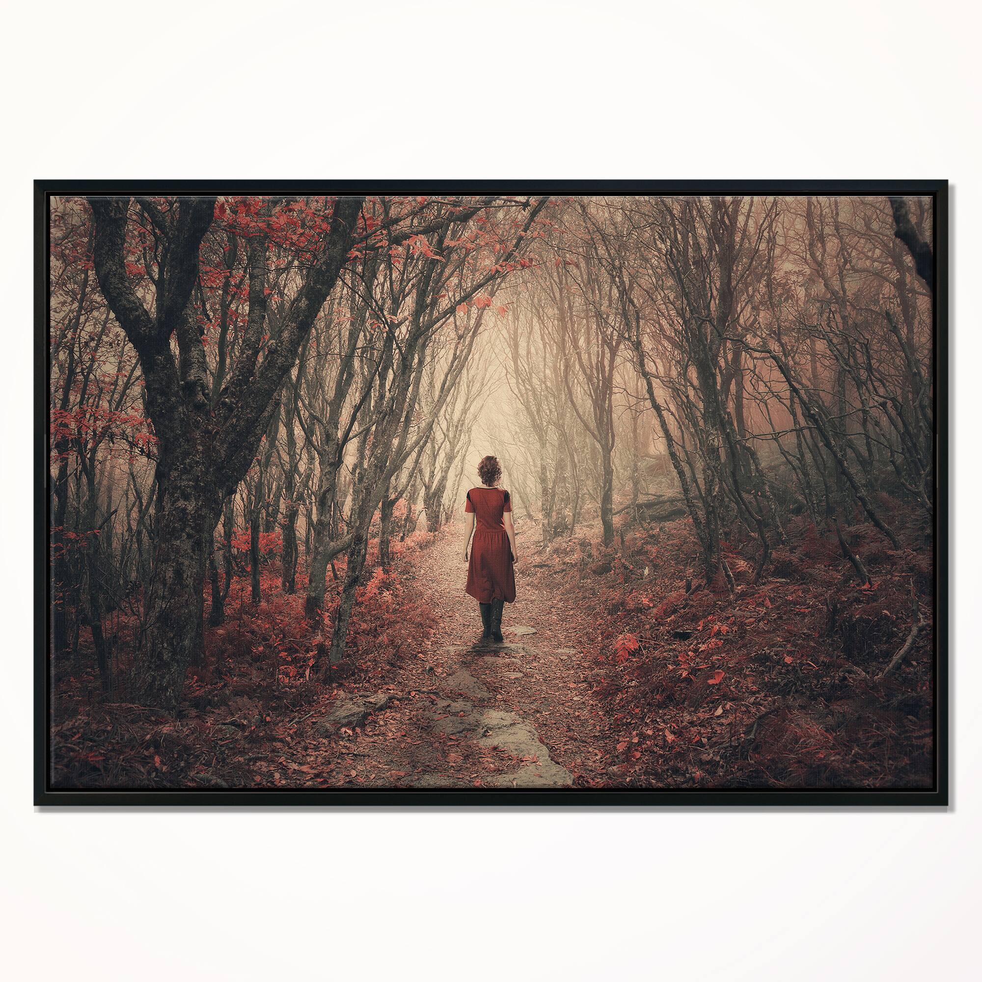 Designart - Woman in Frosty Forest - Landscape Photography Canvas Print in Black Frame