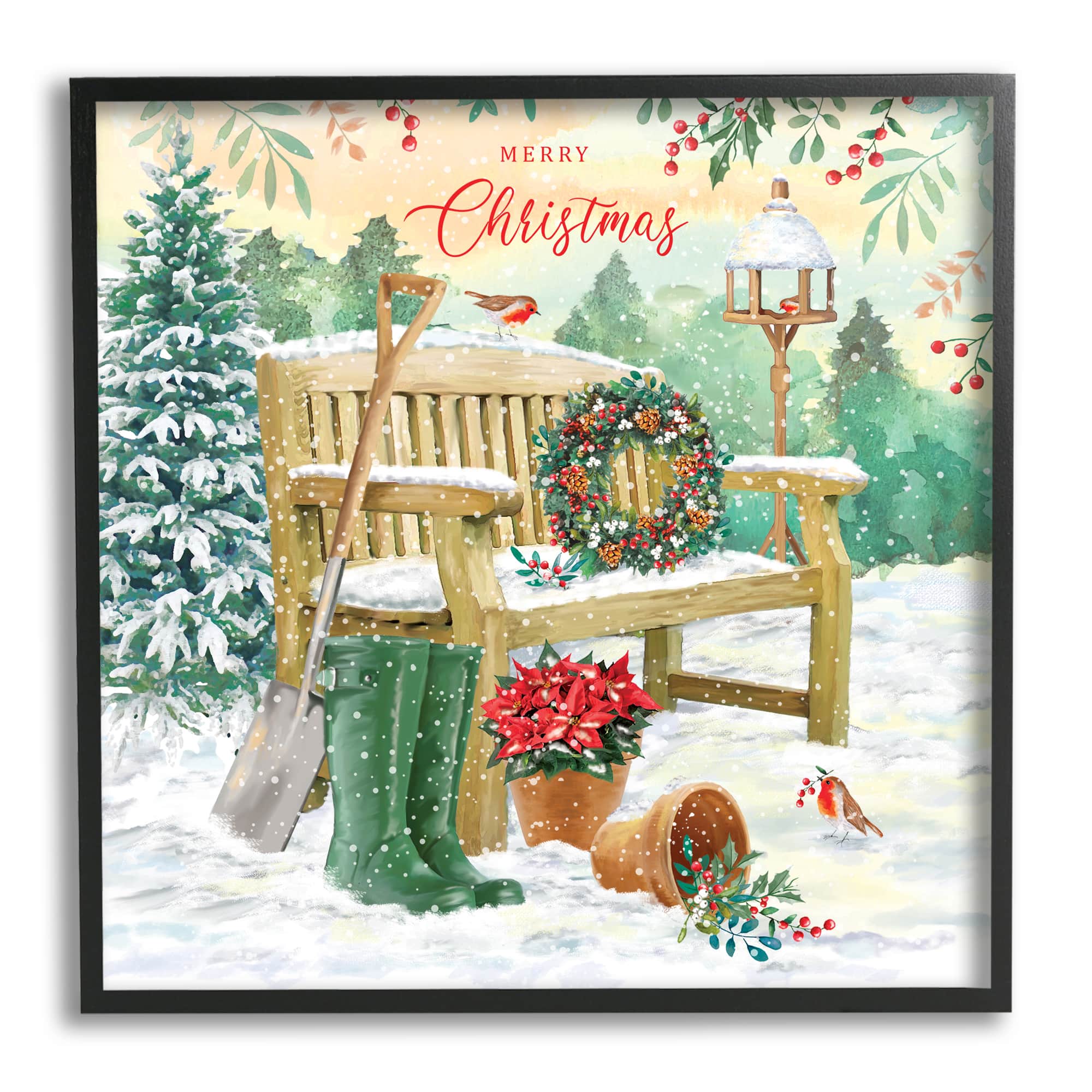 Stupell Industries Merry Christmas Winter Bench Framed Giclee Art