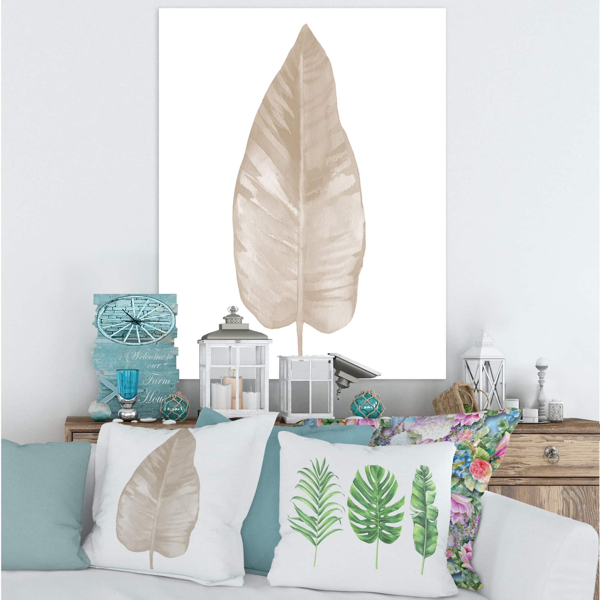 Designart - Dried Leaf Plant Beige On White - Traditional Canvas Wall Art Print