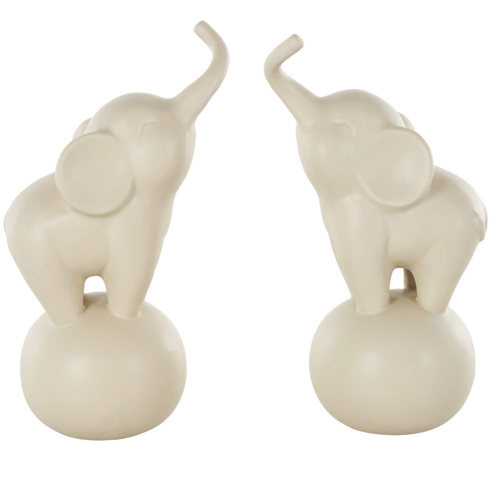 10.5" White Ceramic Elephant Trumpeting Decorative Sculpture with Round Base Set
