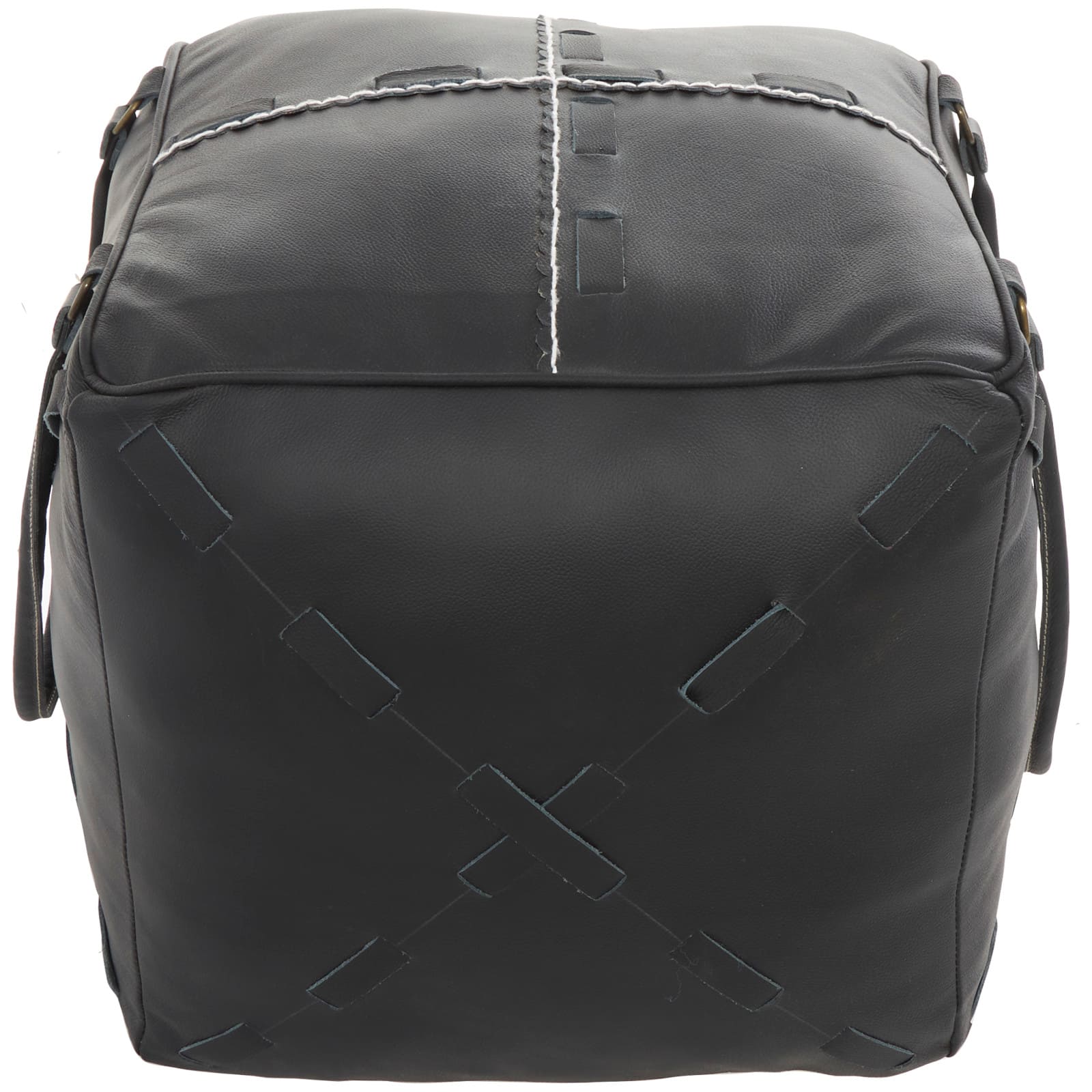 22" Leather Pouf with Woven Straps & Handles