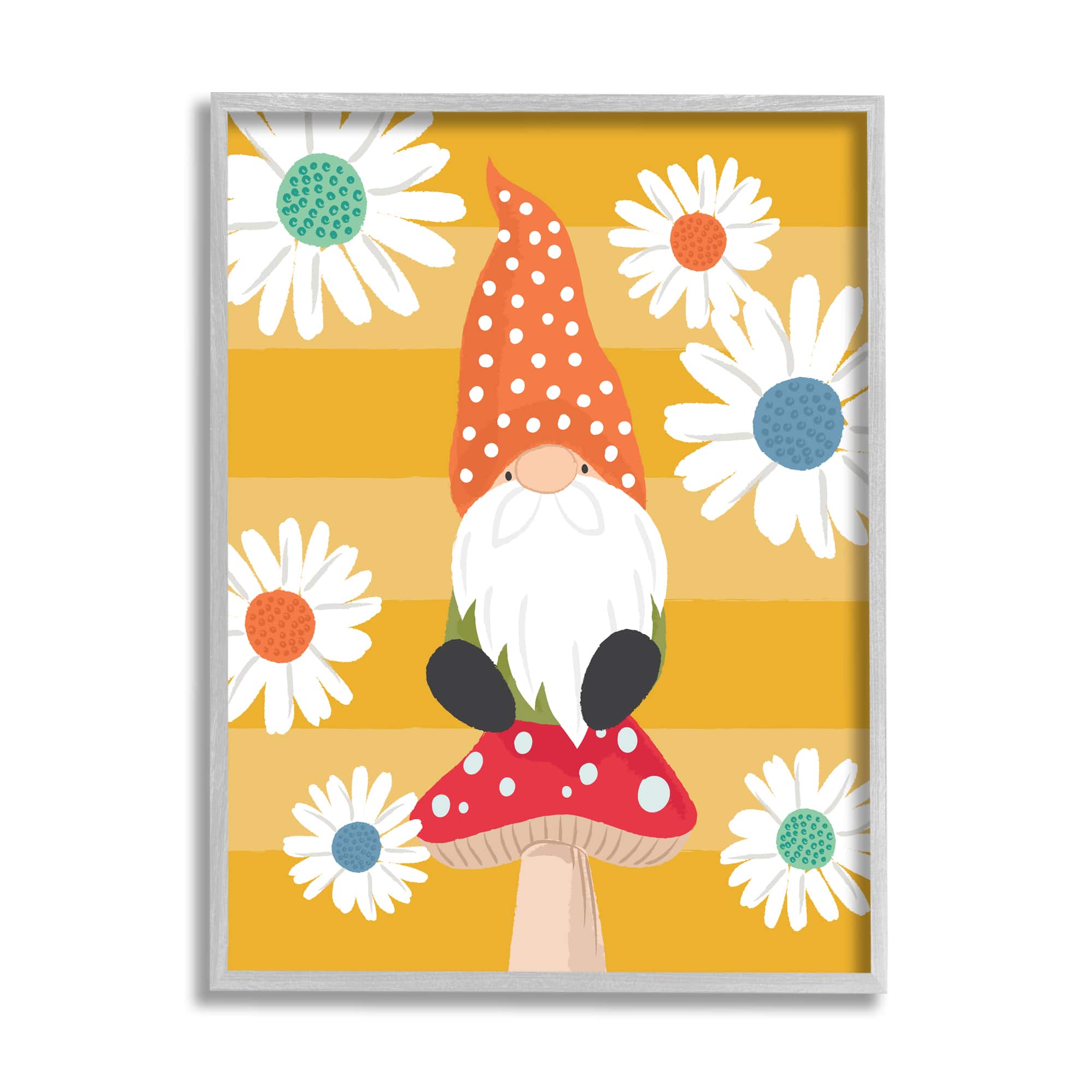 Stupell Industries Mushroom Garden Gnome White Daisies Yellow Stripes in Frame Wall Art
