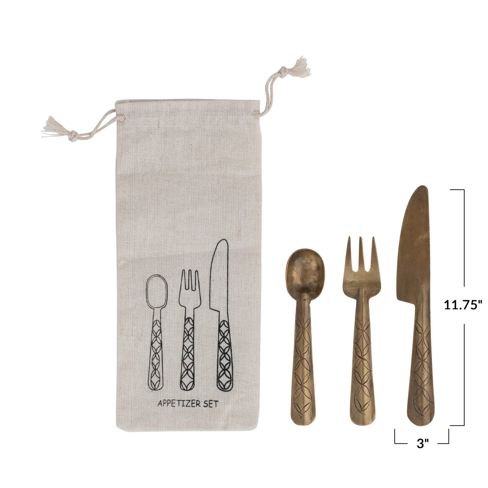 Hello Honey 3-Piece Hand-Forged Brass Appetizer Utensils with Etched Handles, Antique Finish