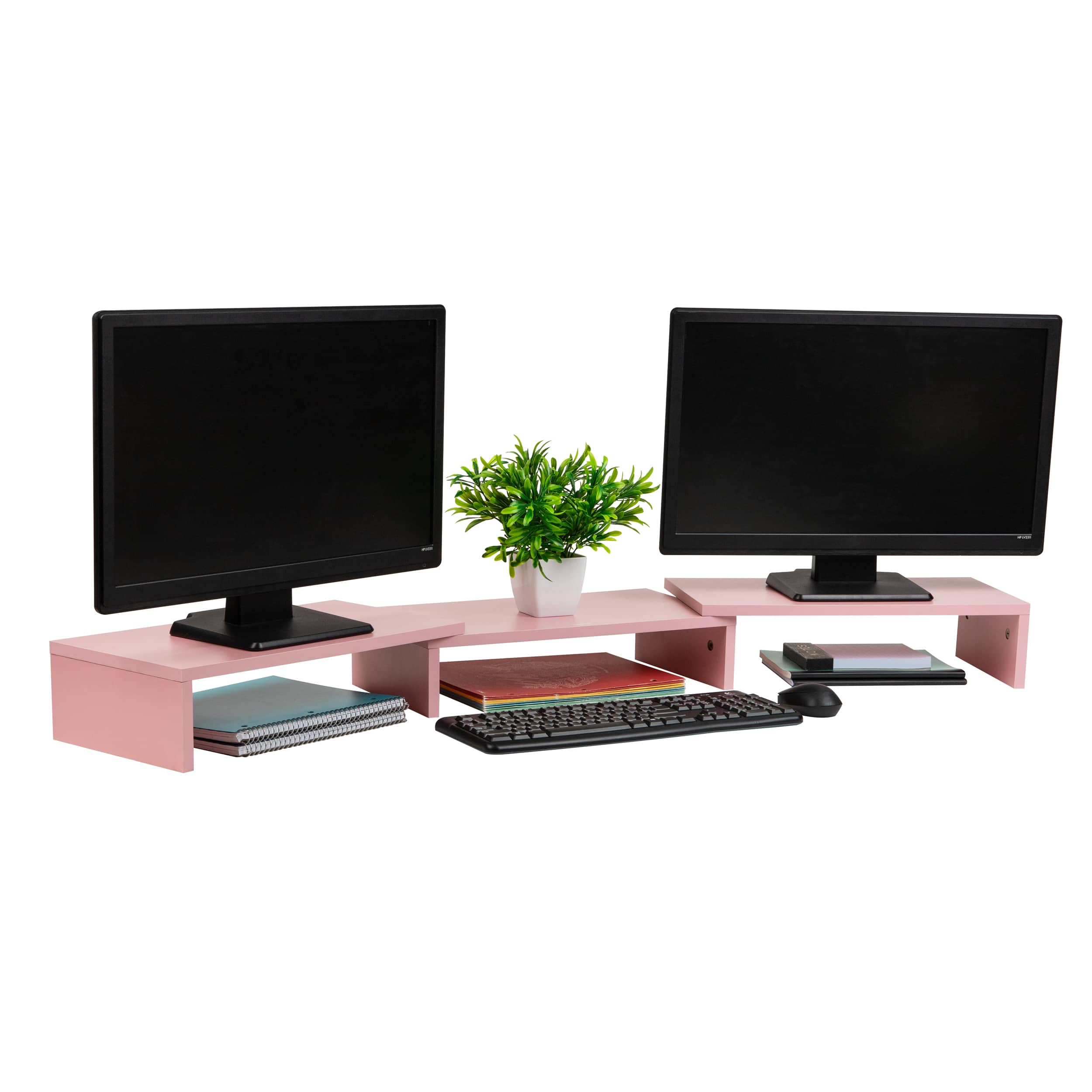 Mind Reader Dual Monitor Stand, Laptop Riser, Desktop Organizer, Office, MDF, Pink