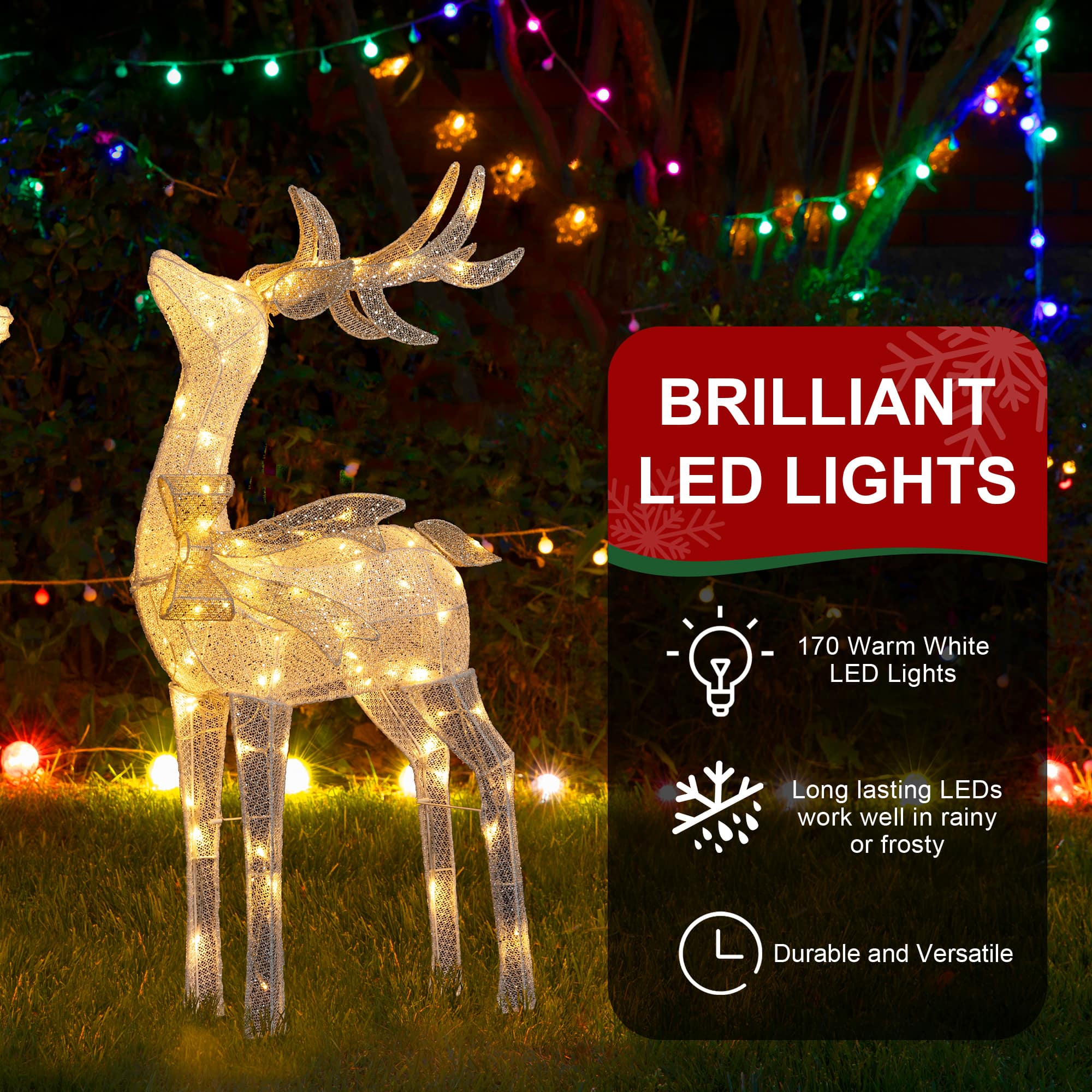 Glitzhome® 43" Christmas 3D Glittered Fabric Reindeer with 170 Warm White LED Lights Set