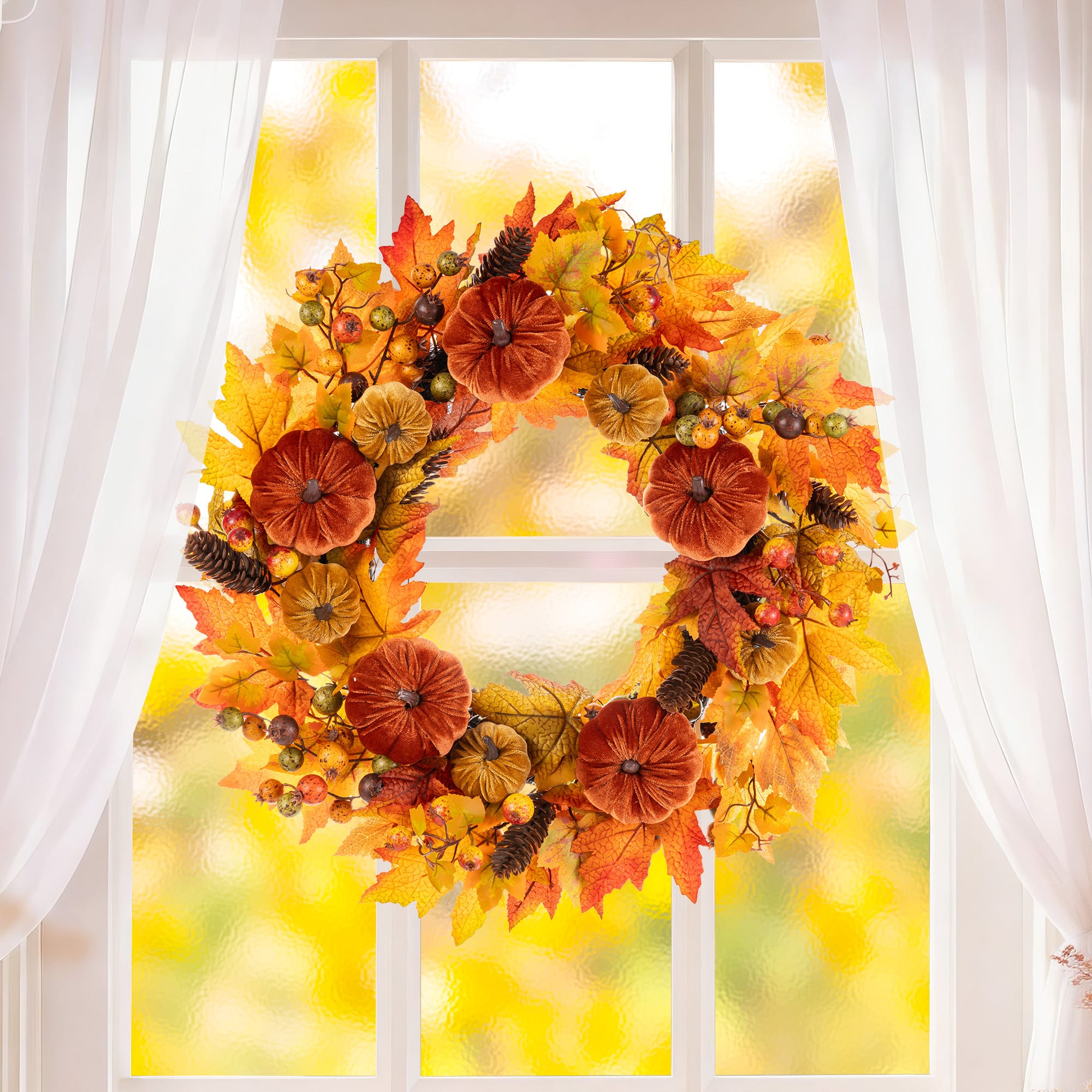 Glitzhome® 24" Fall Velvet Pumpkin, Pinecone & Berry Wreath with Black Metal Wreath Hanger