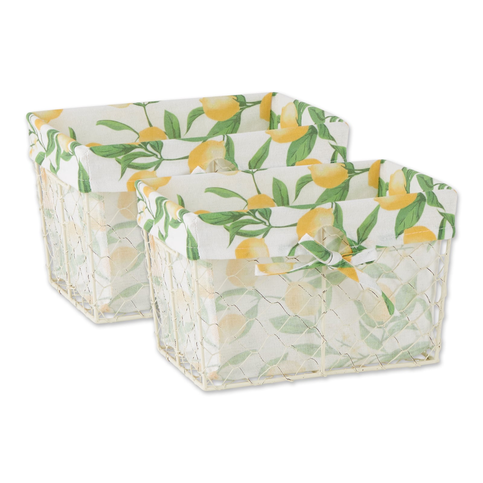 DII® Medium Antique White Chicken Wire Baskets with Lemon Print Liners, 2ct.