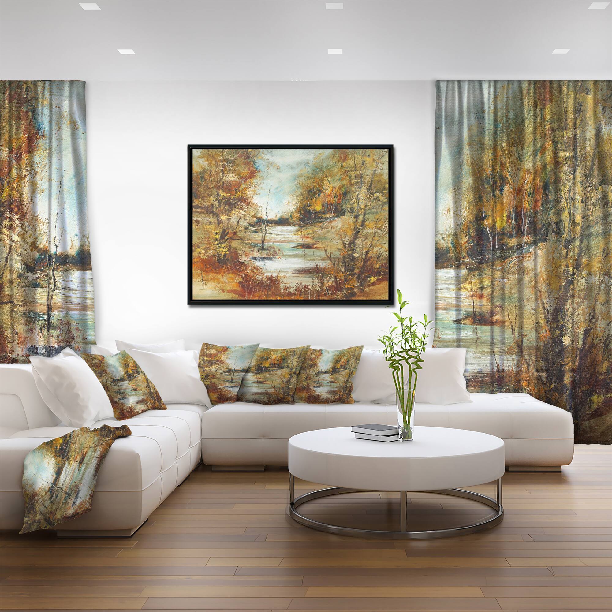 Designart - Brown River in Forest - Landscape Painting Canvas Print in Black Frame