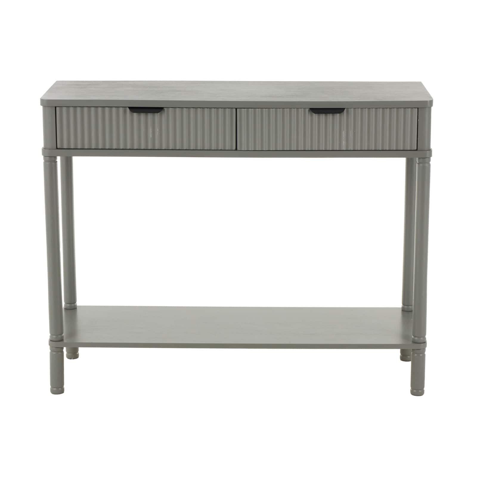 36" 2-Drawer Gray Handmade Wooden Console Table with Black Handle & Ribbed Front