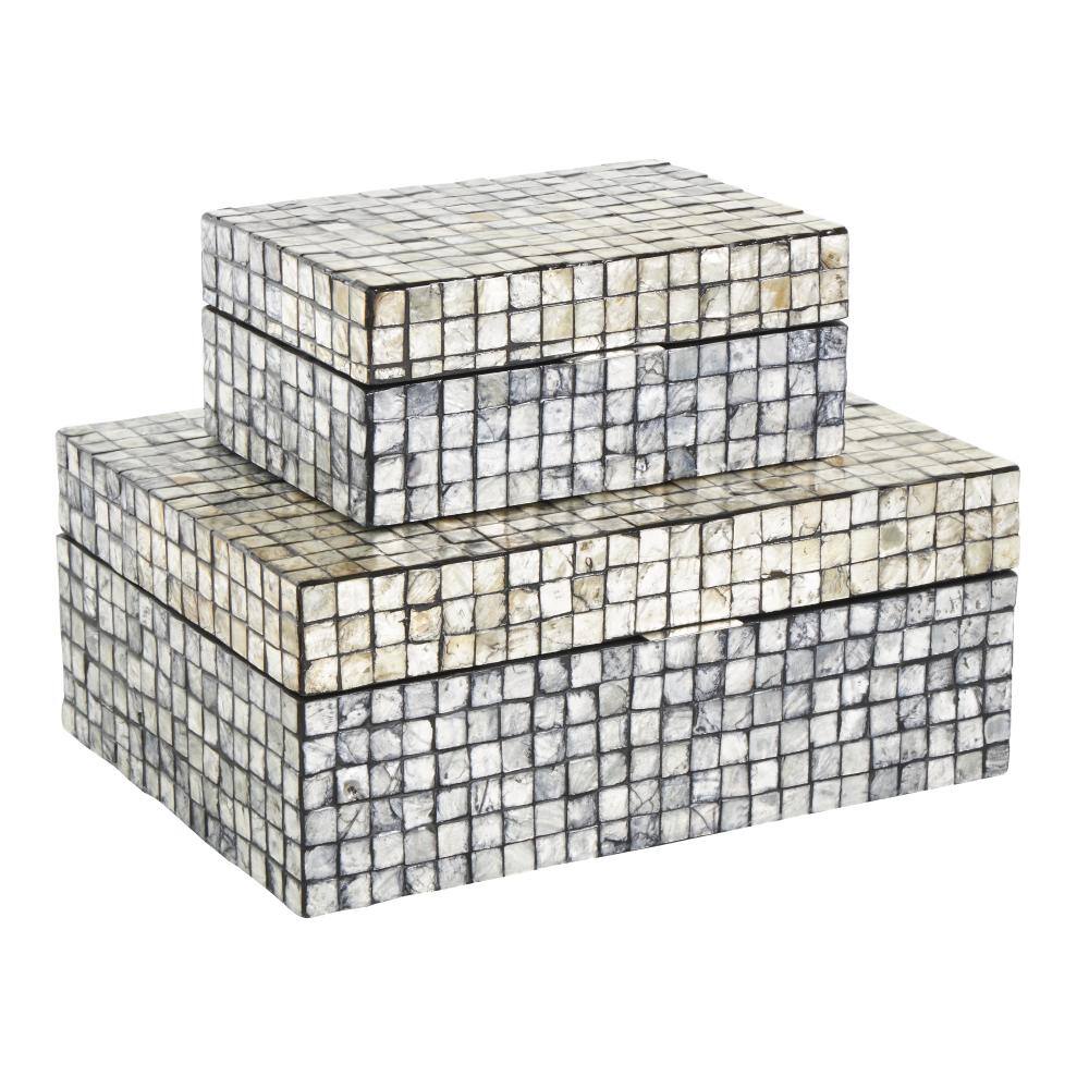 Gray Mother of Pearl Shell Geometric Handmade Square Mosaic Storage Box Set