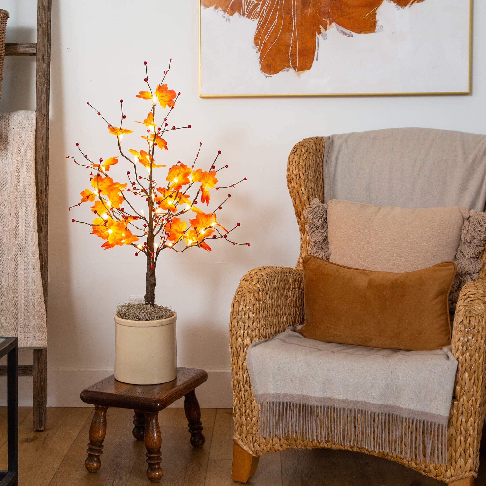 3ft. Pre-Lit Autumn Maple Artificial Fall Tree with Berries and 36 Warm White LED Lights