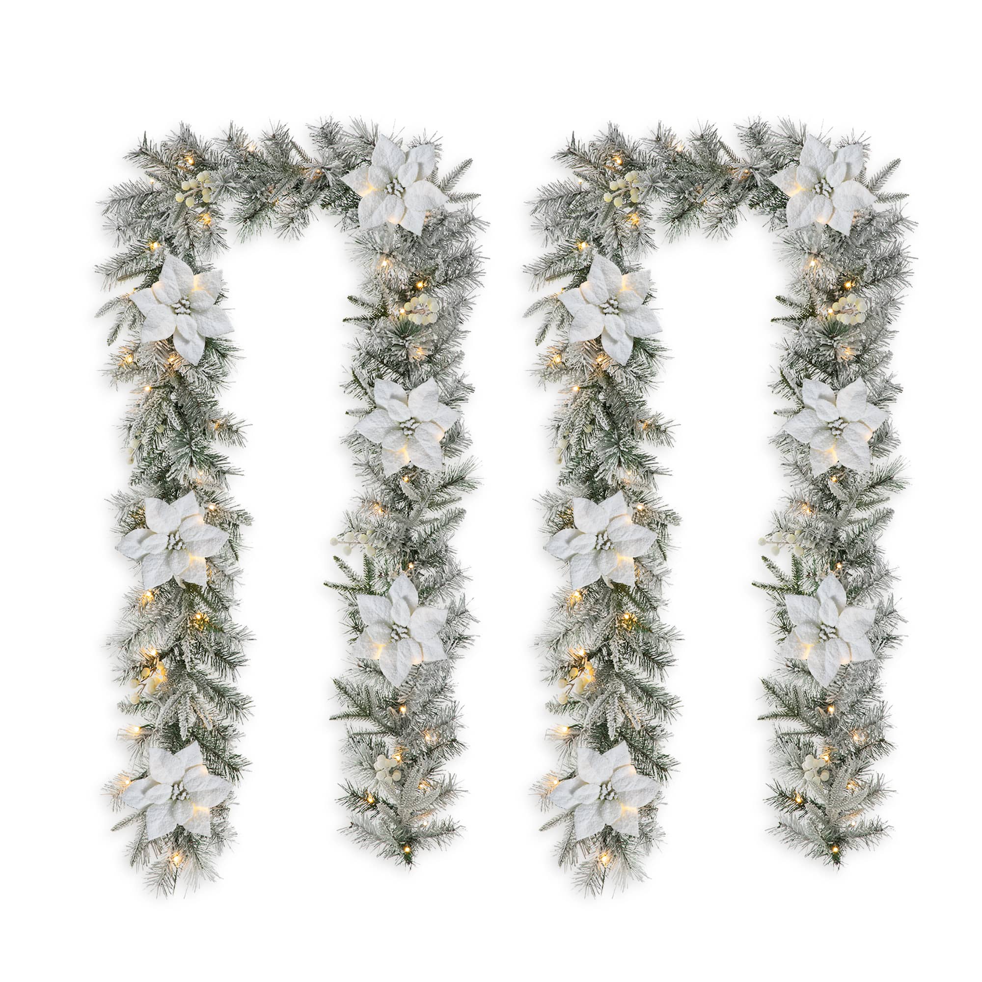 Glitzhome® 2 Pack 9ft. Pre-Lit Snow Flocked Greenery Pine Poinsettia Christmas Garland