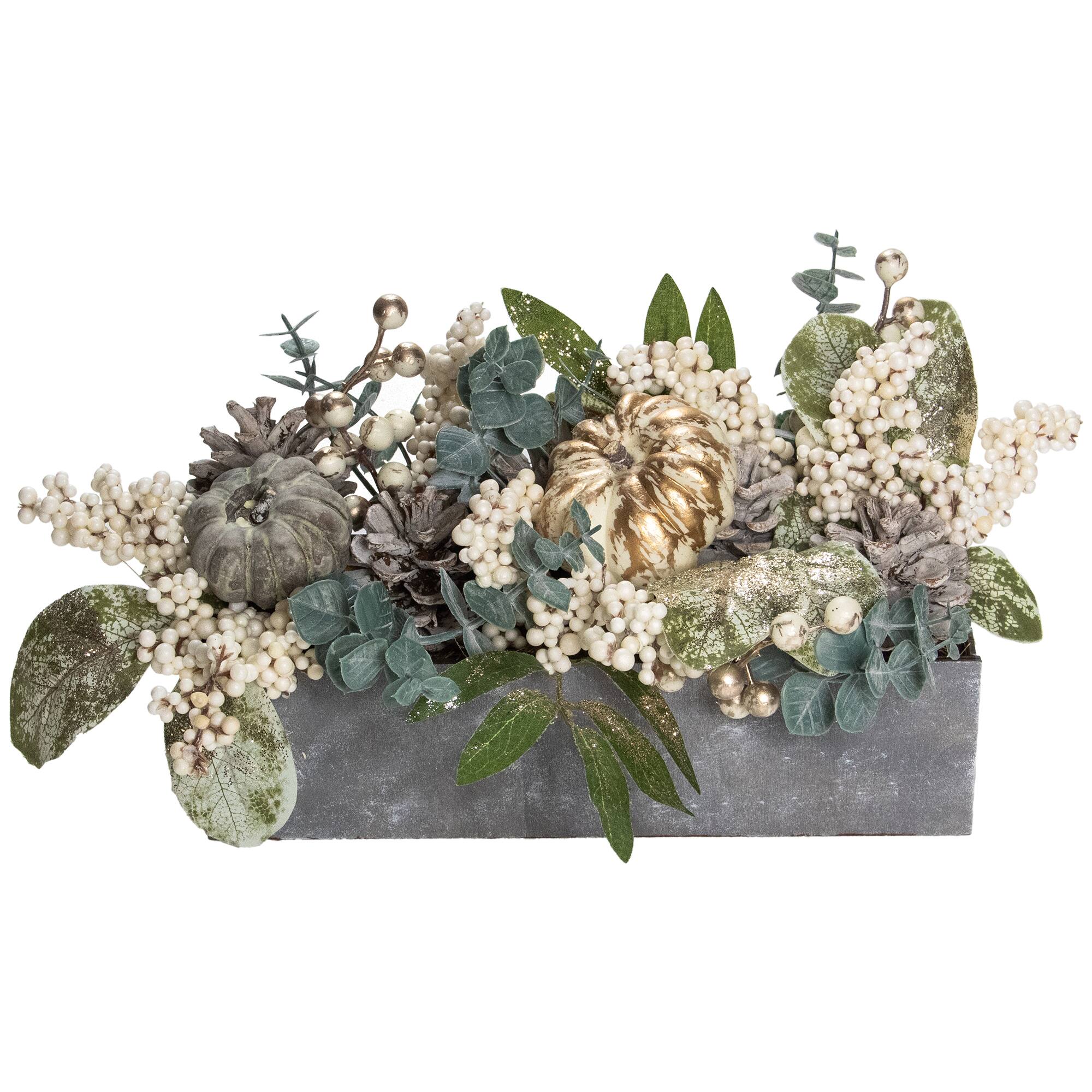 12" Gray & Gold Pumpkin & Leaf Floral Arrangement