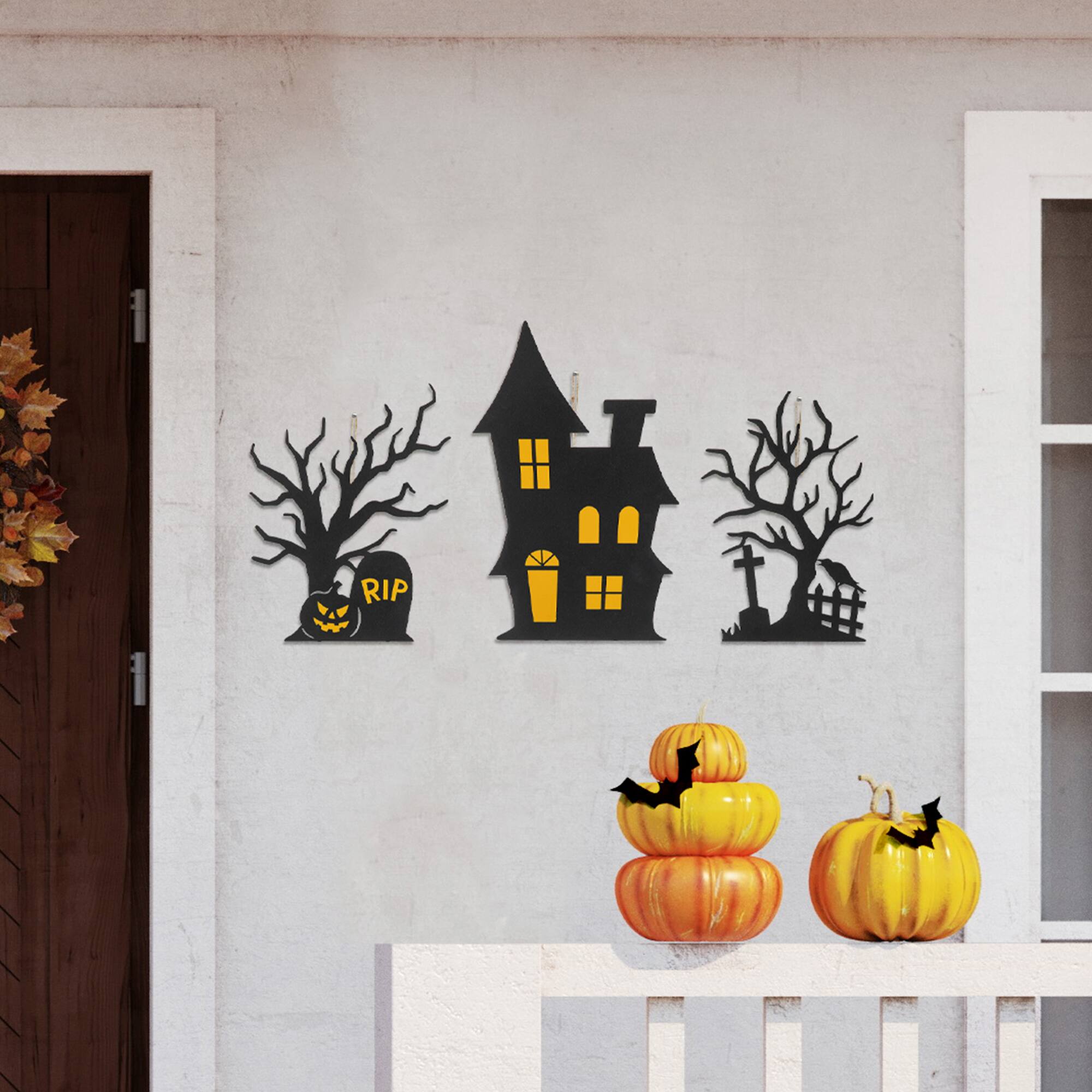Glitzhome® 2ft. Halloween Metal Silhouette Haunted House and Ghost Tree Yard Stake Set