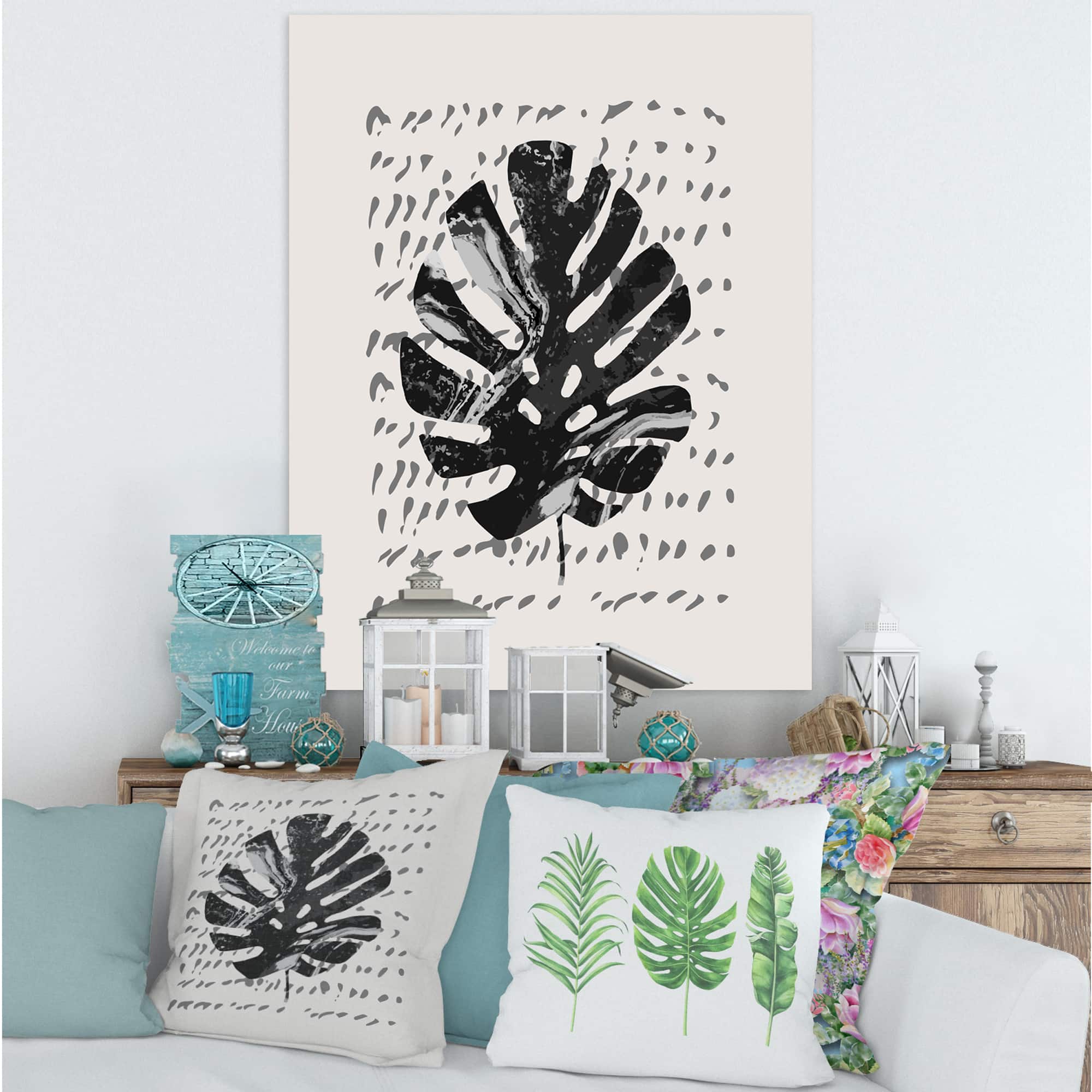 Designart - Minimal Tropical Palm Leaf On Grunge Texture - Tropical Canvas Wall Art Print