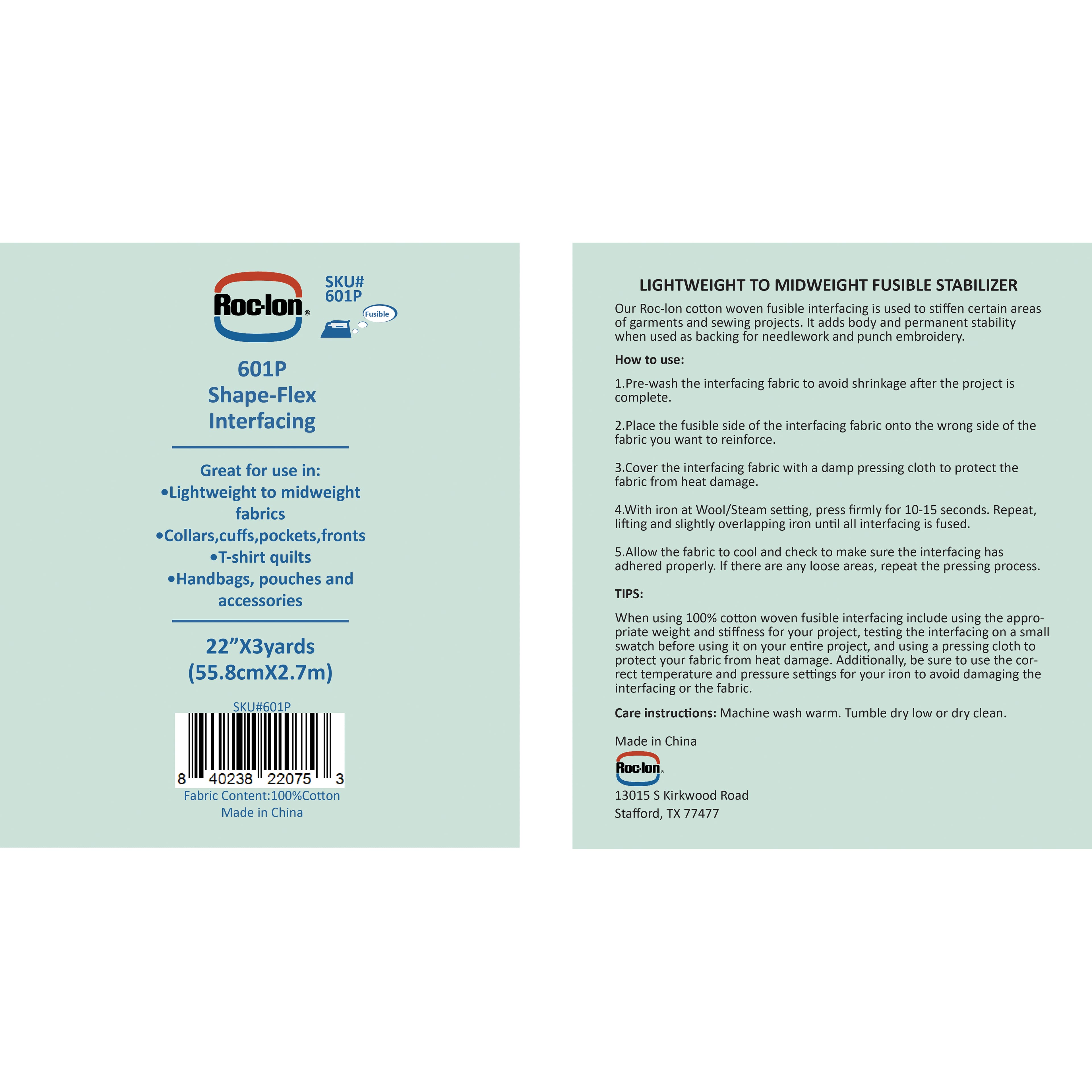 Roc-Lon 22" x 3yd. Cotton Woven Fusible Interfacing