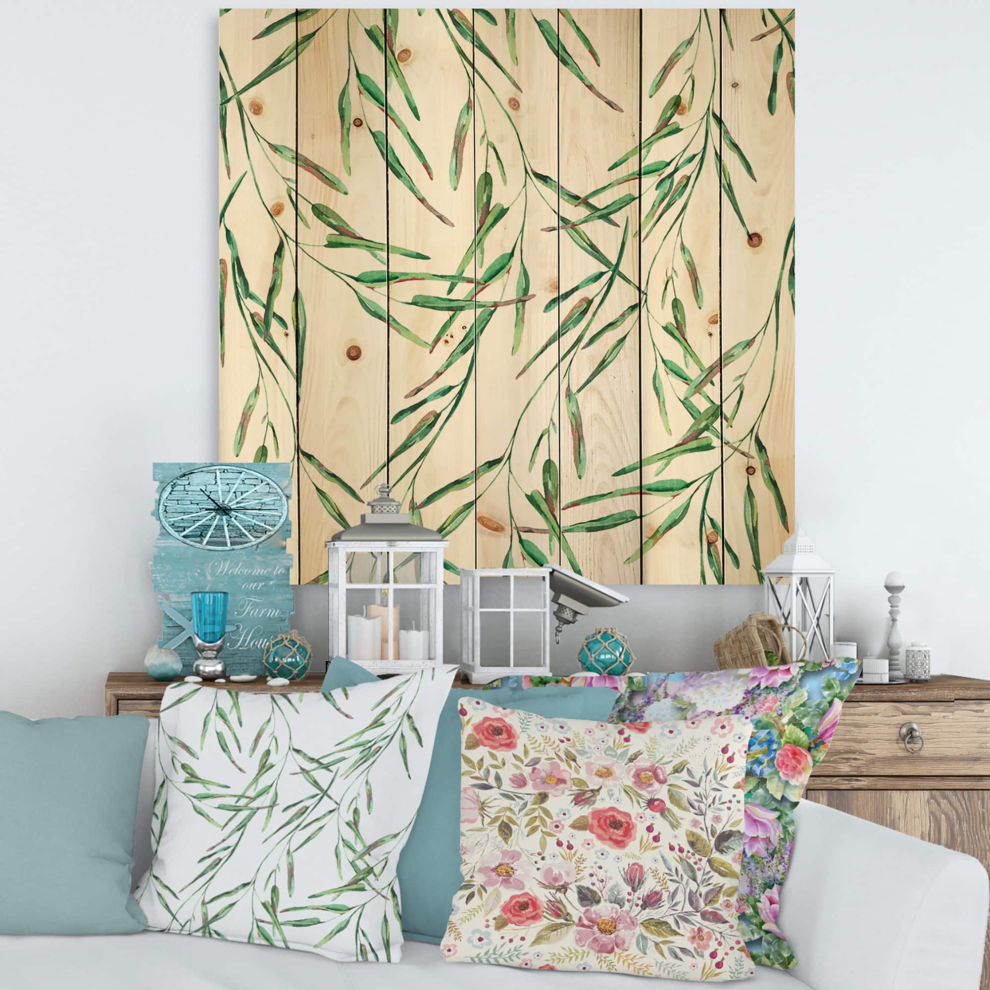 Designart - Tropical Green Leaves In Summer Times II - Tropical Print on Natural Pine Wood