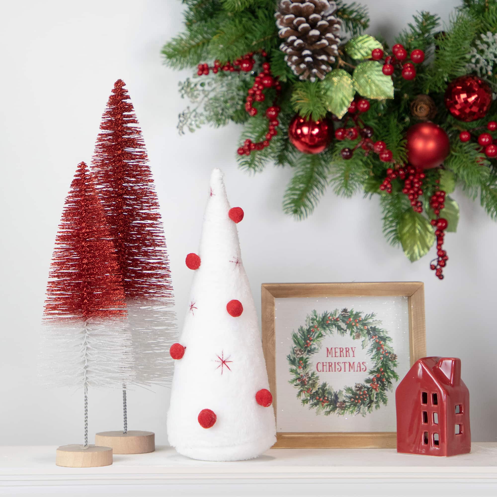12" White Plush Christmas Cone Tree with Red Pompom Ornaments