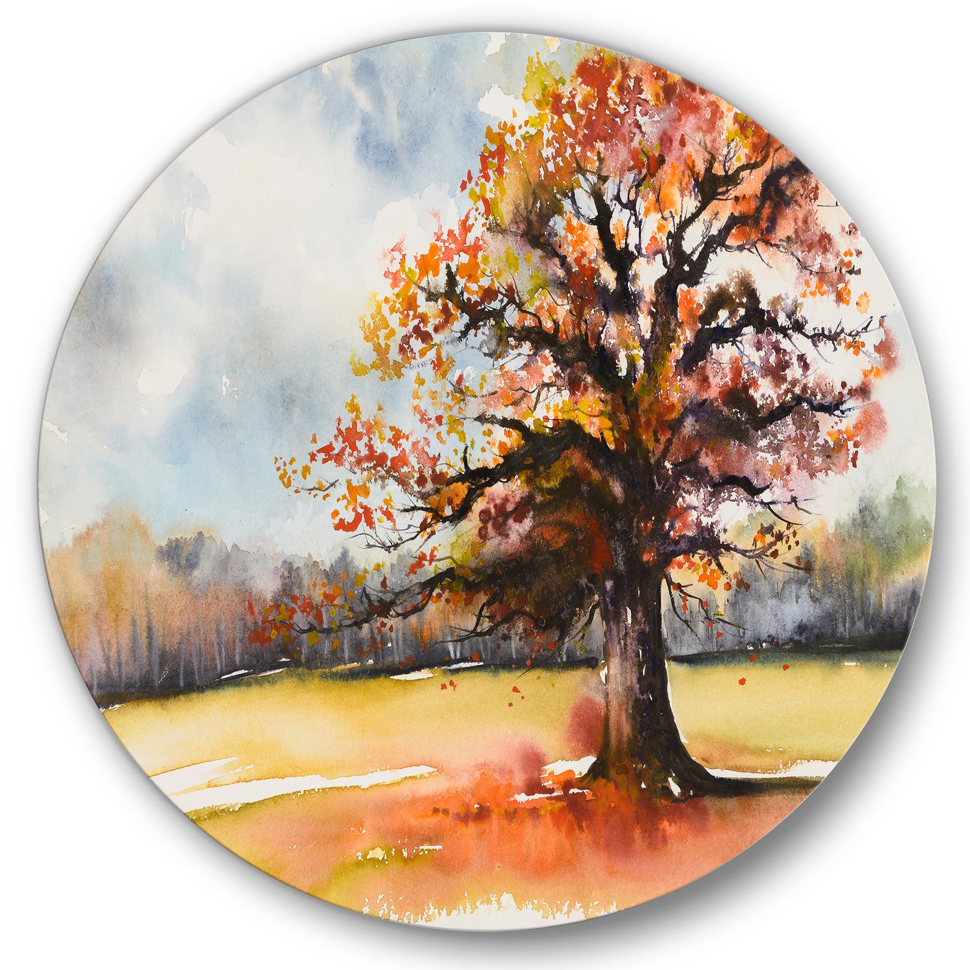 Designart - Lone Oak In The Fields With Autum Leaves - Traditional Metal Circle Wall Art