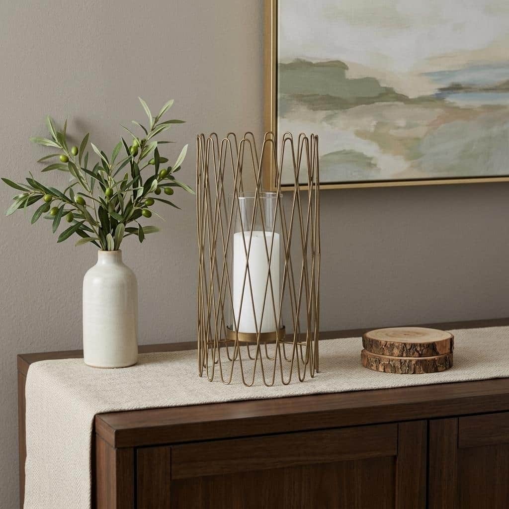 HomeRoots 14.25" Gold Iron & Glass Hurricane Candle Holder