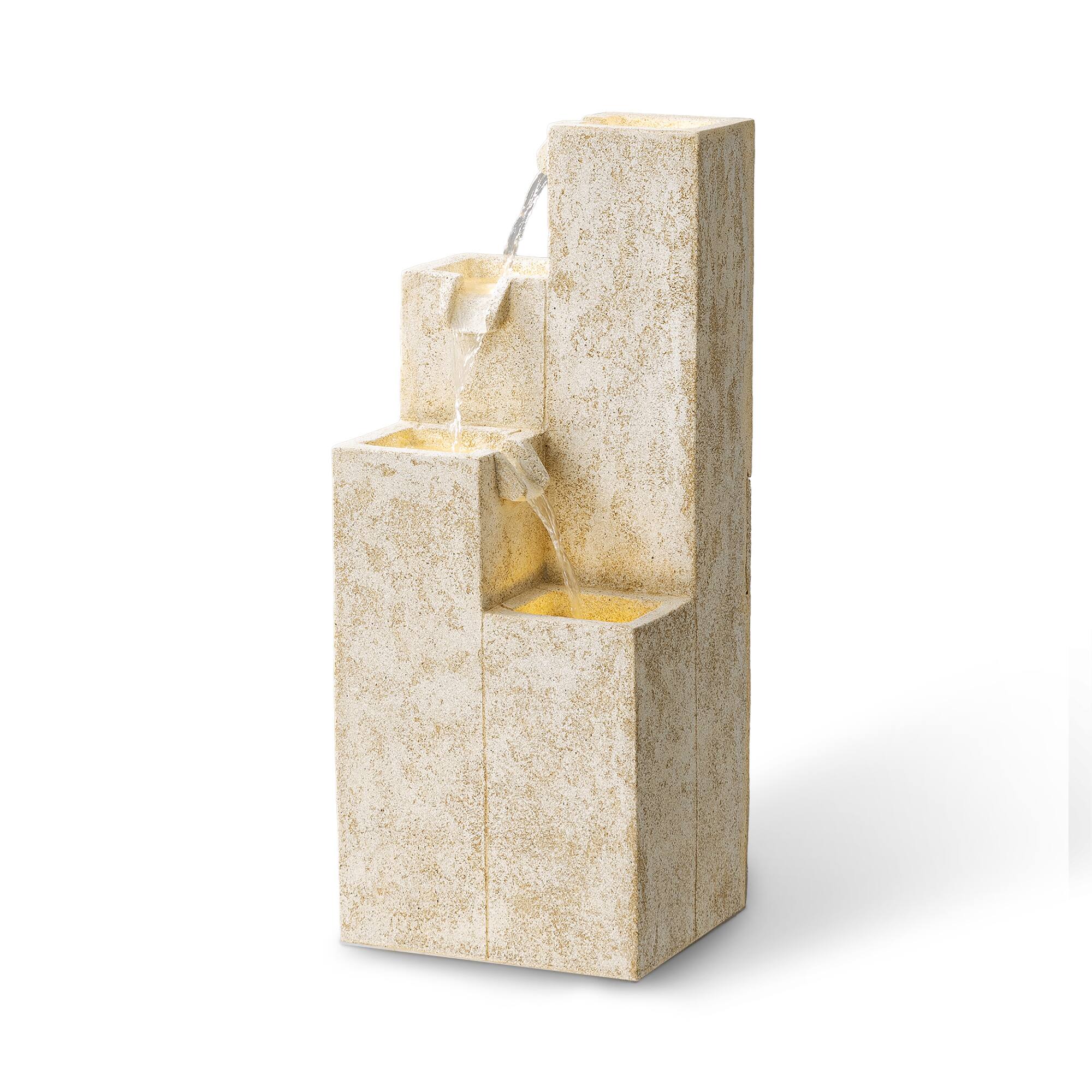 Glitzhome® 34" 4-Tier Faux Terrazzo Geometric Square Column Outdoor Fountain with LED Light