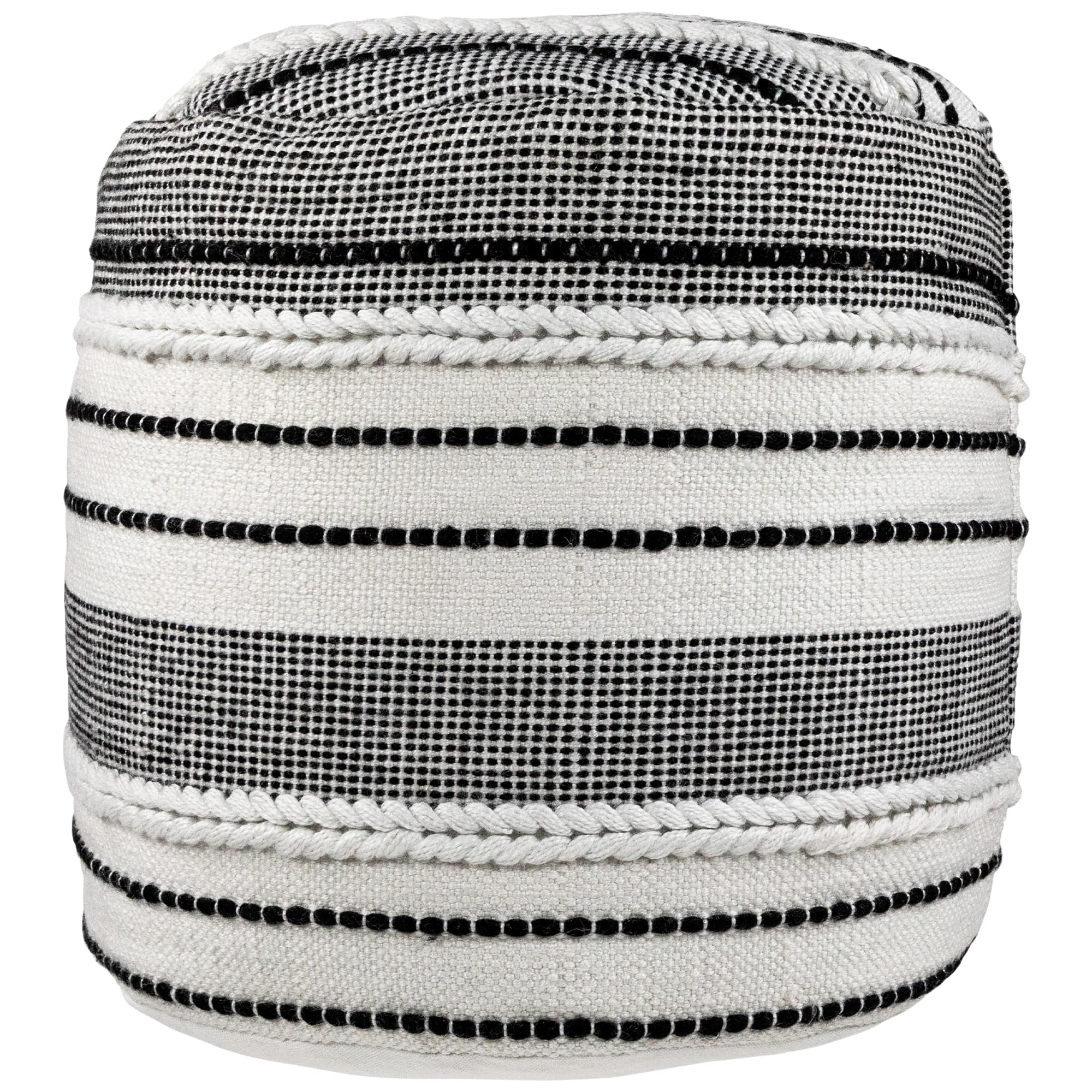 18" White & Black Striped Outdoor Woven Pouf Ottoman