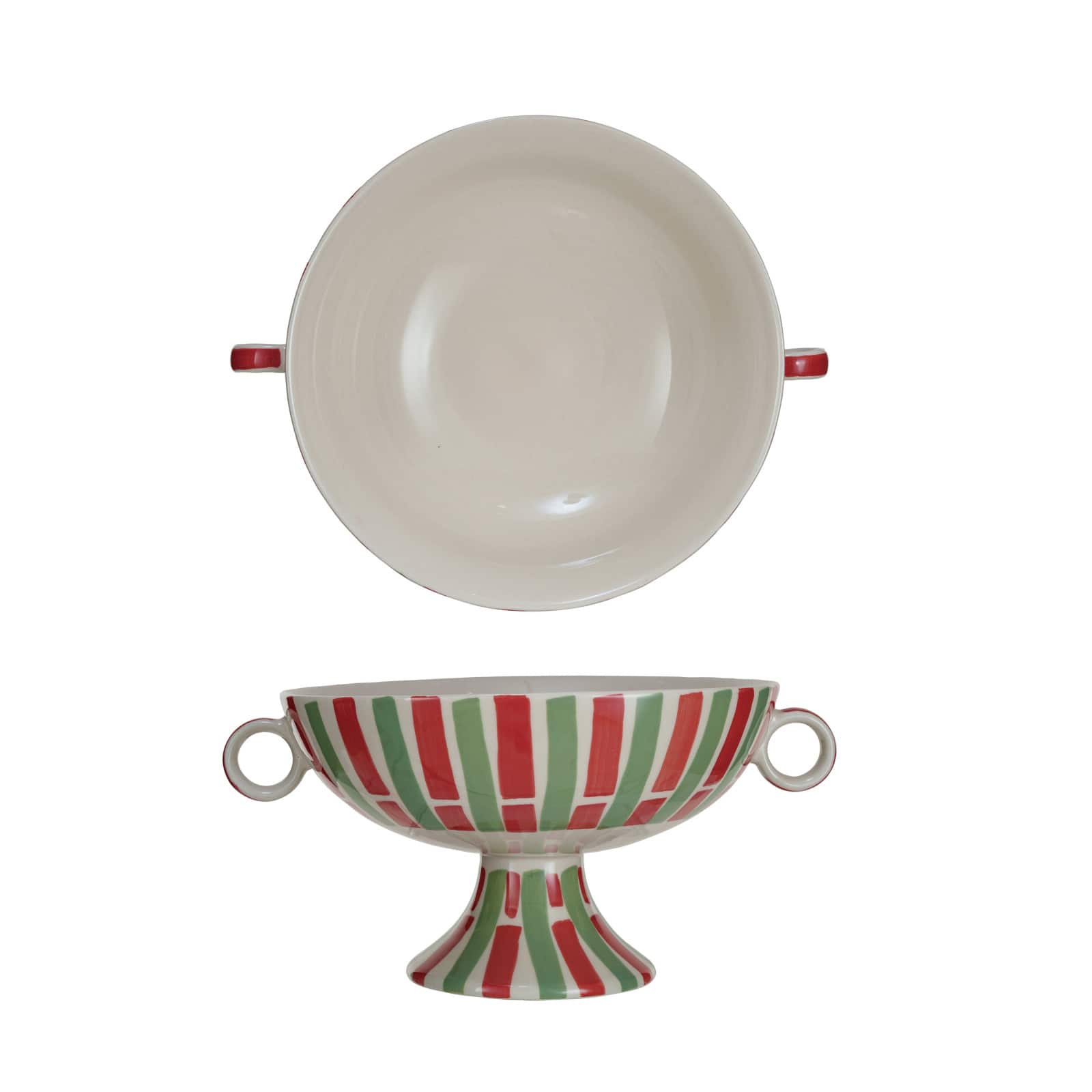 Hello Honey® 13" Red, Green & Cream Hand-Painted Stoneware Footed Bowl with Handles & Stripes